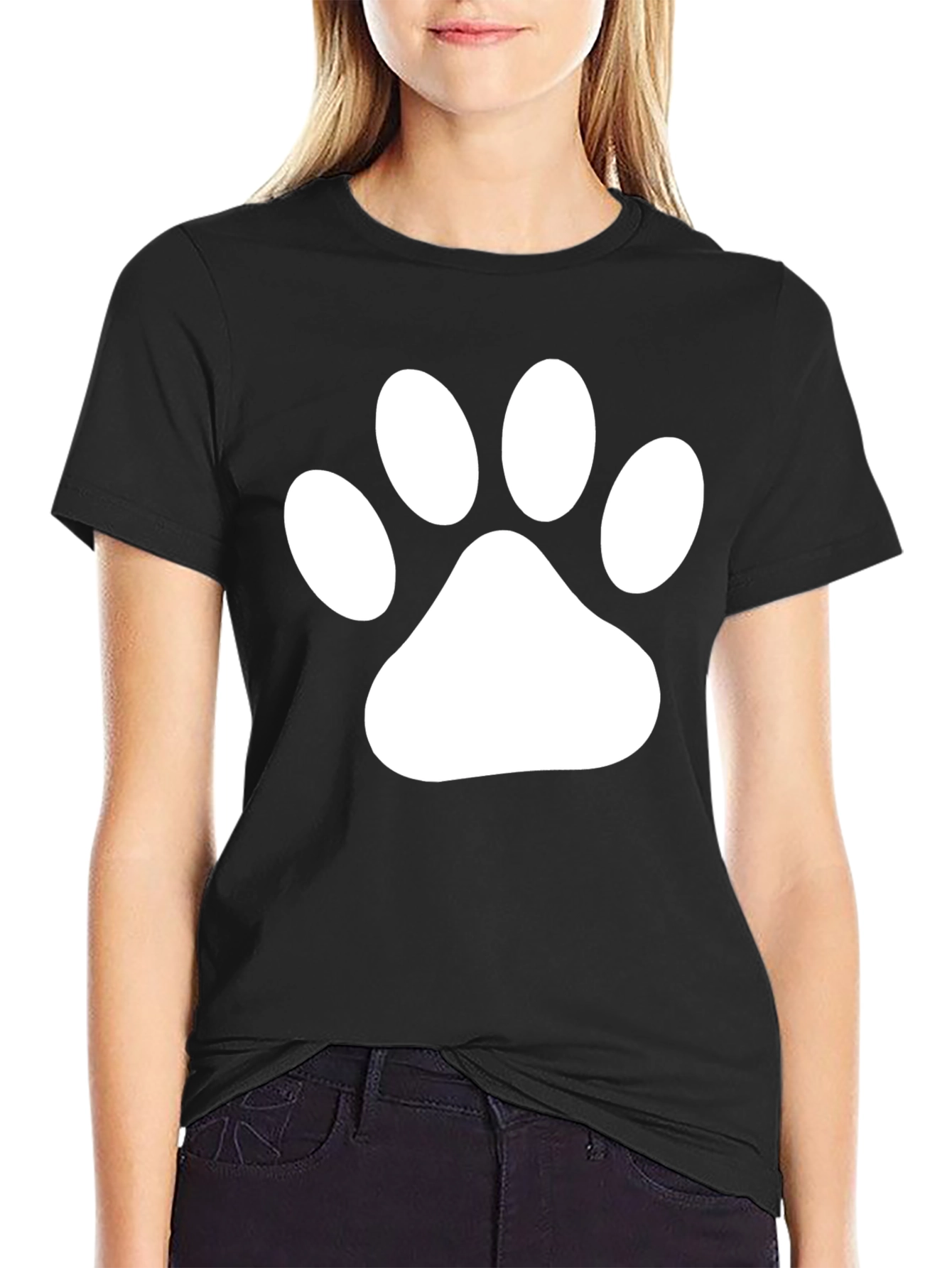 Black T-Shirt with White Paw Print Graphic