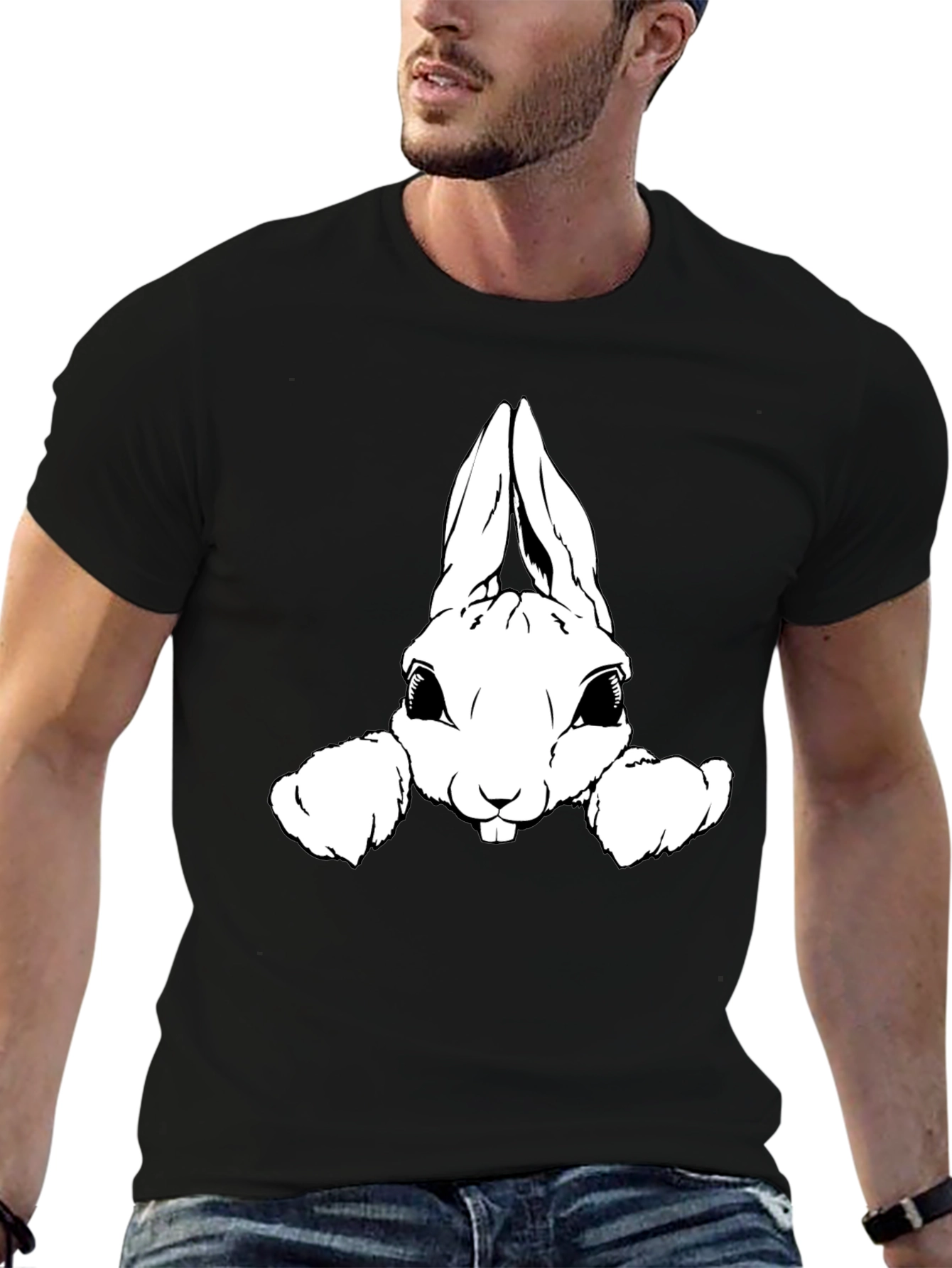 Black T-Shirt with Cute Rabbit Graphic