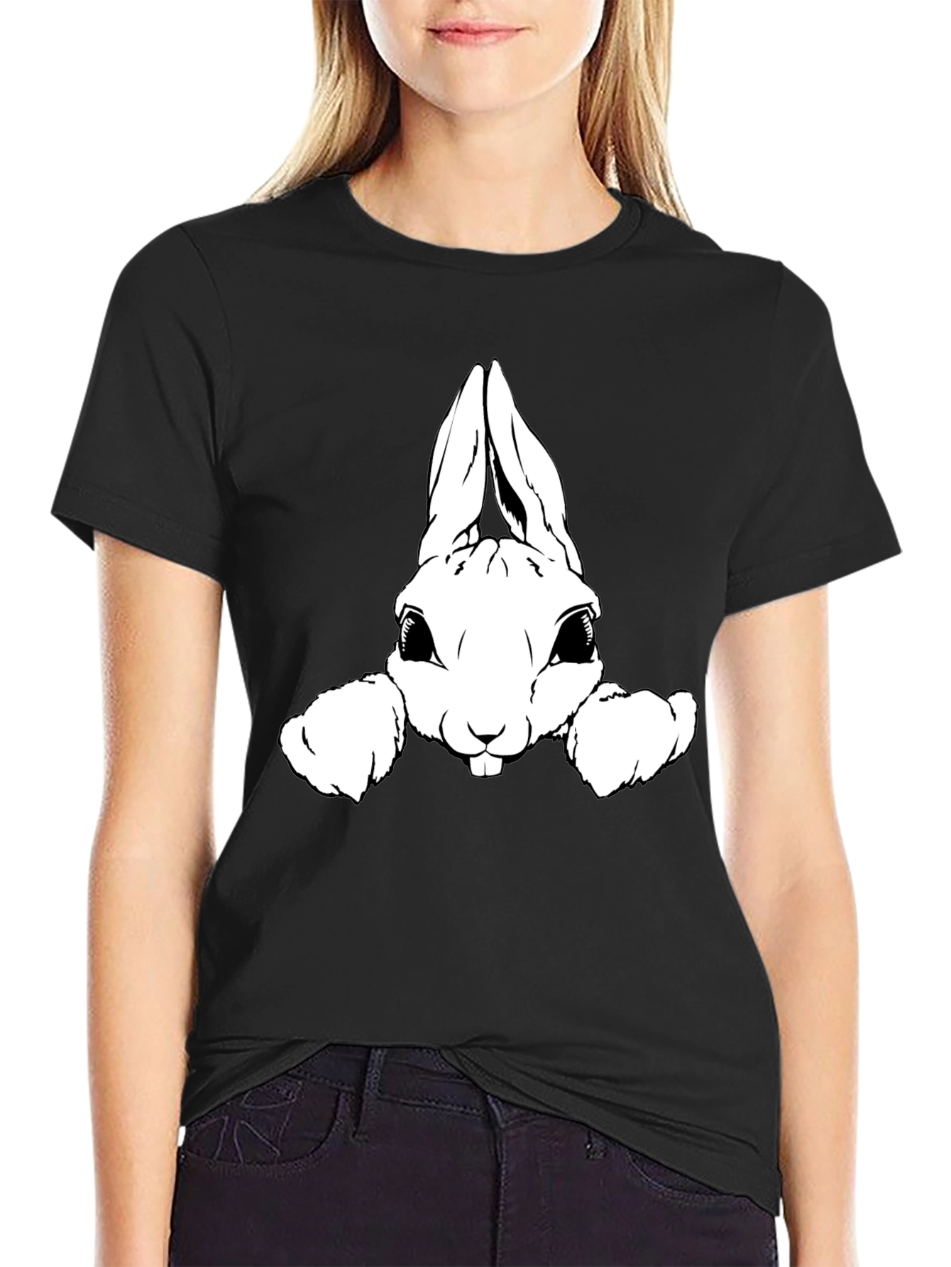 Black T-Shirt with Cute Rabbit Graphic