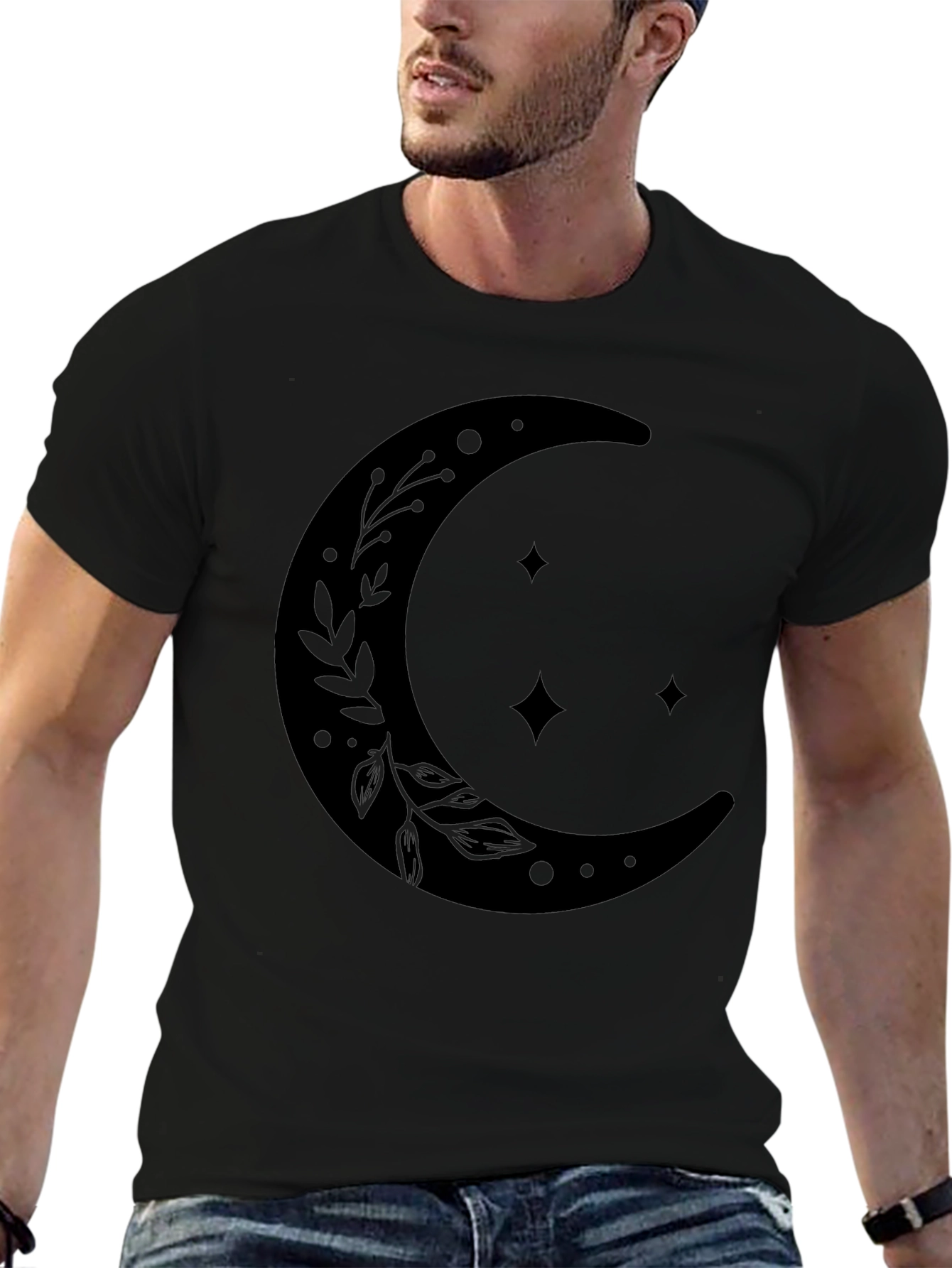 Celestial Crescent Moon Graphic T-Shirt - Black