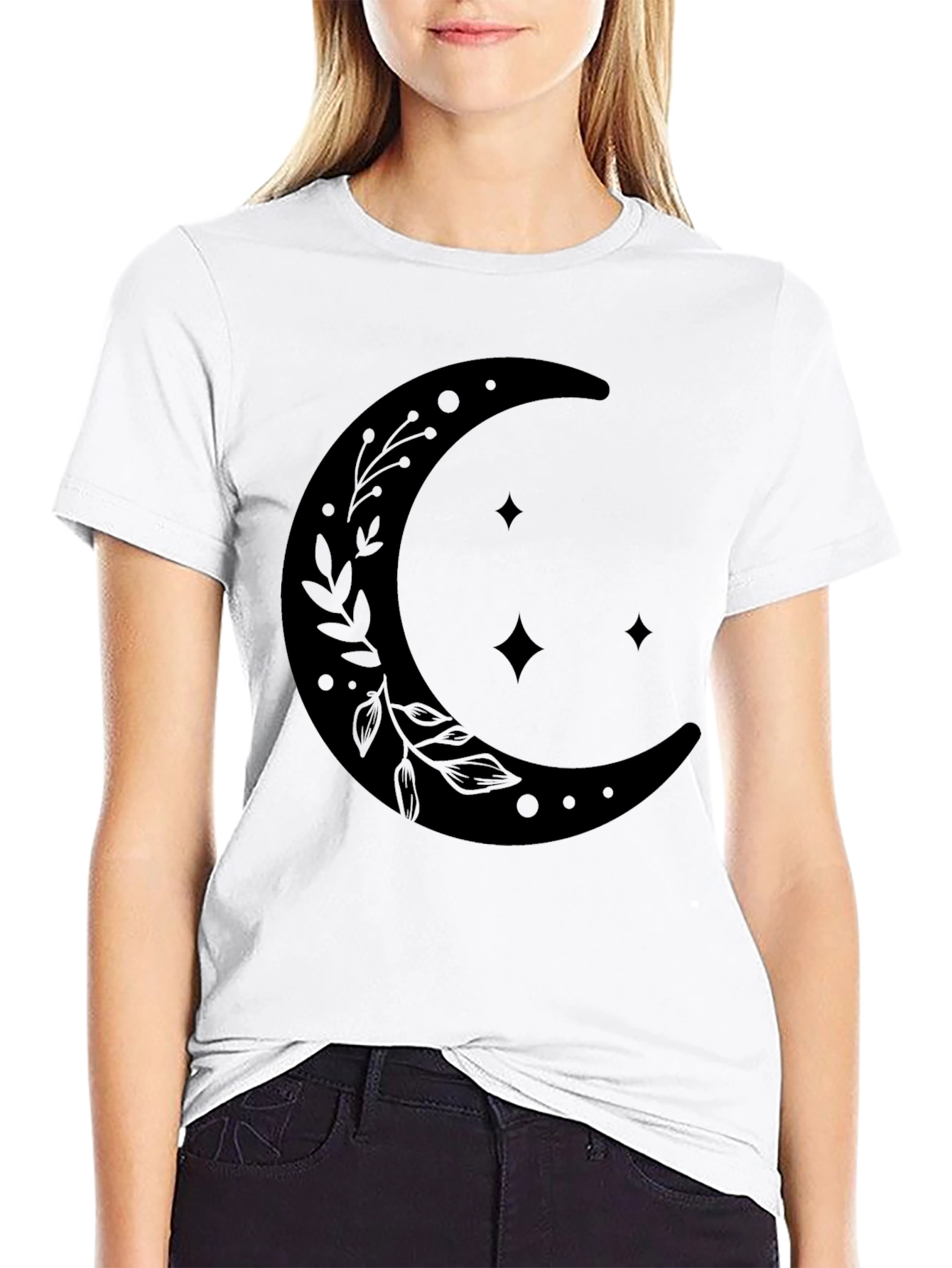 Celestial Crescent Moon Graphic T-Shirt - Black