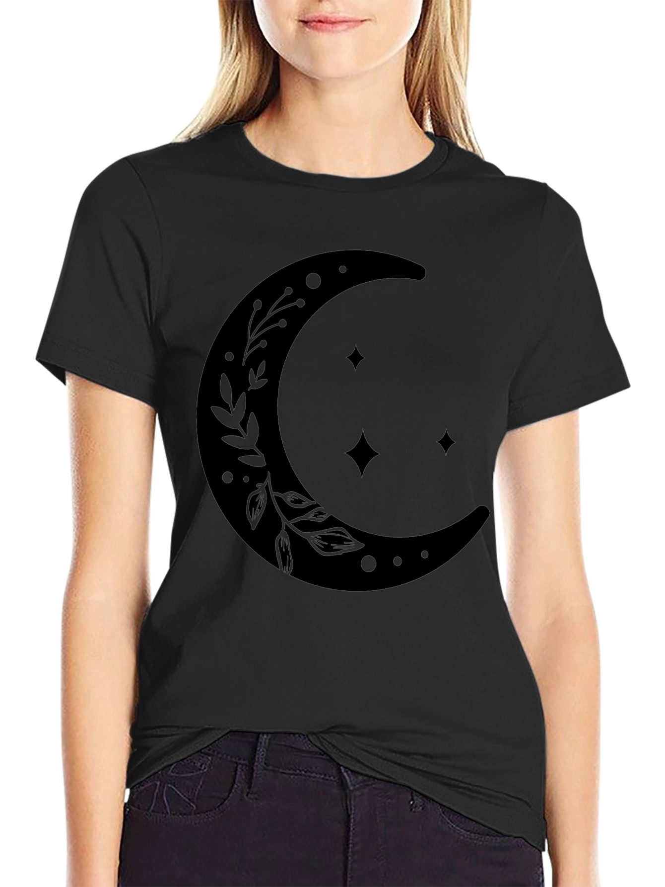 Celestial Crescent Moon Graphic T-Shirt - Black