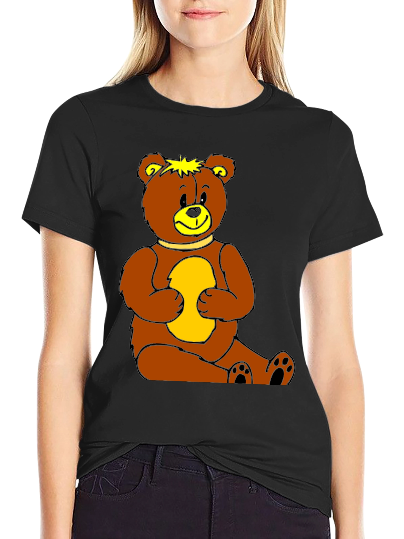 Cute Teddy Bear Graphic Print Black T-Shirt