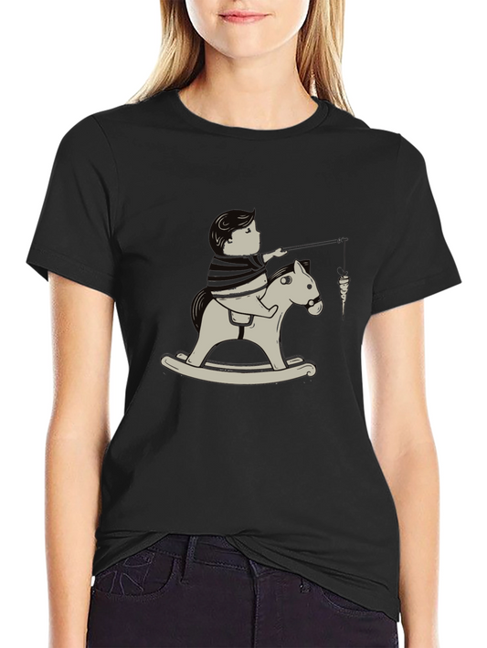 Whimsical Boy on Rocking Horse Graphic Tee - Black