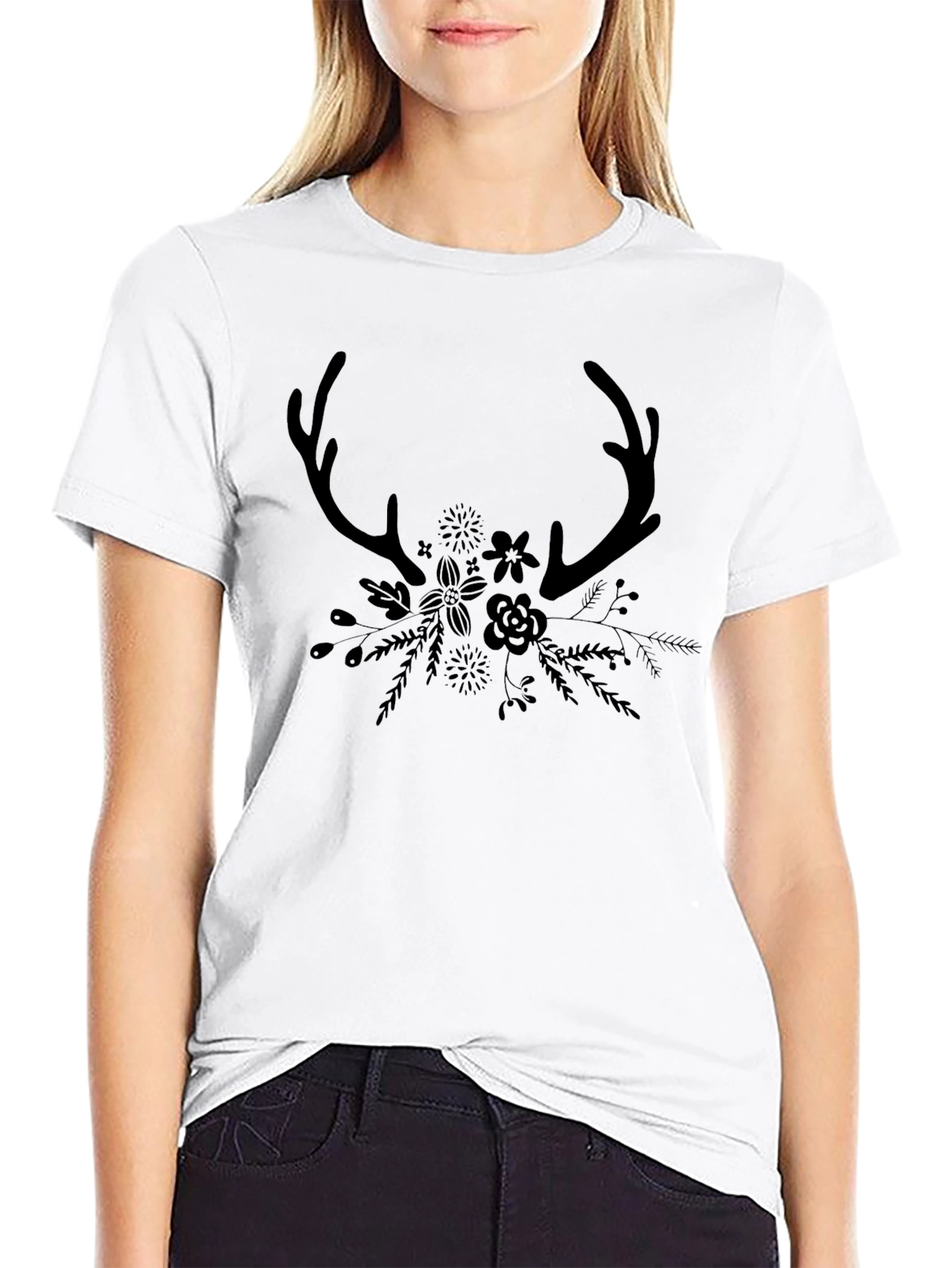 Antler & Floral Graphic Black T-Shirt