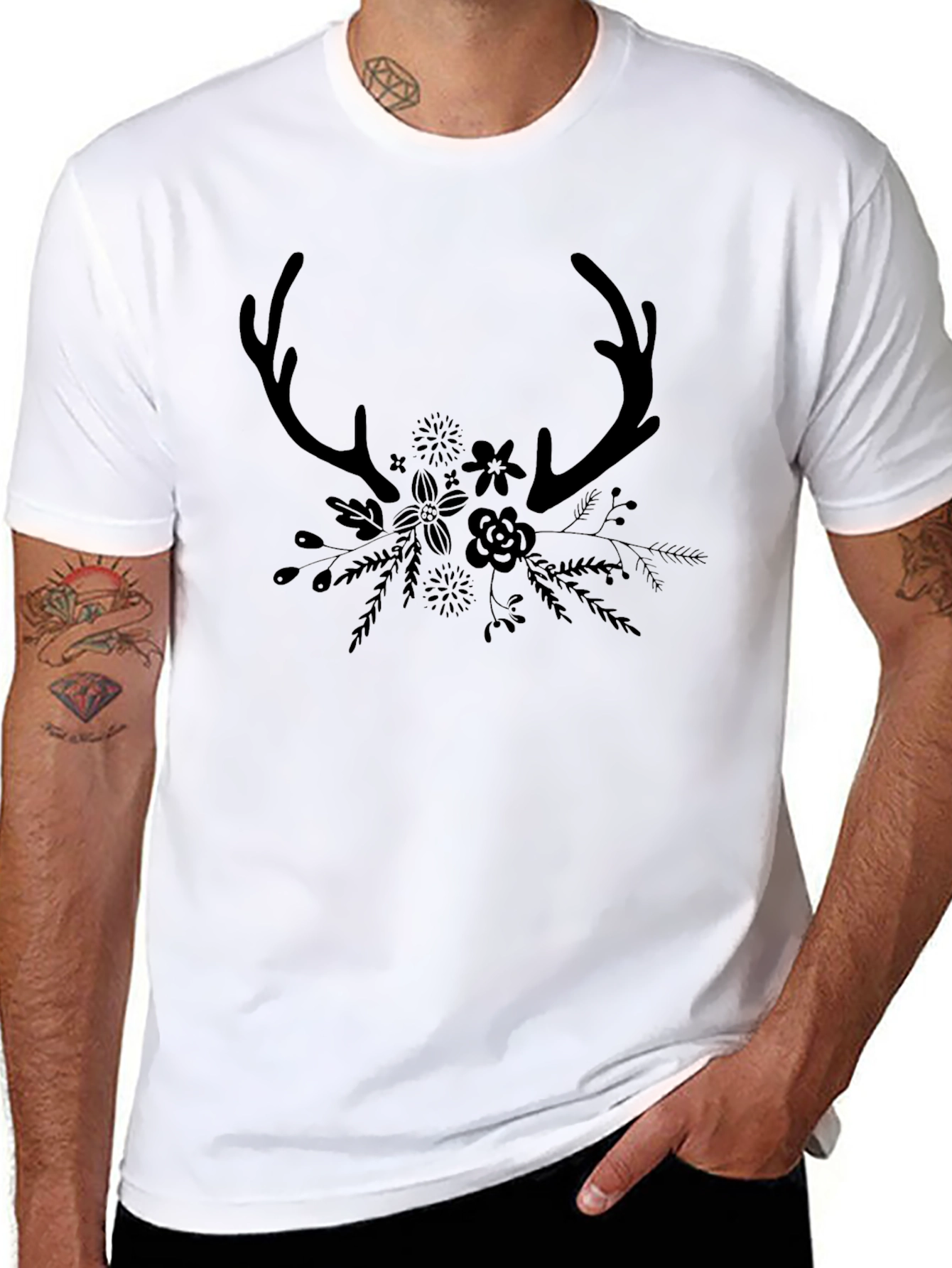 Antler & Floral Graphic Black T-Shirt