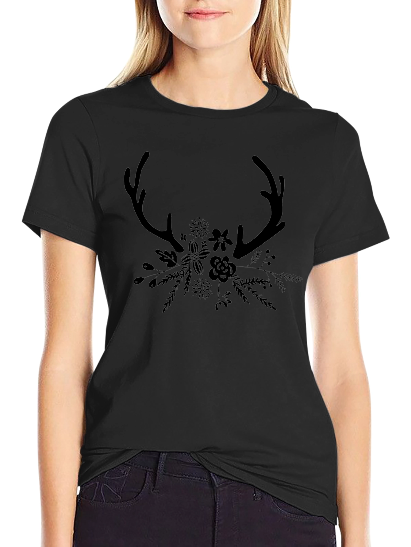 Antler & Floral Graphic Black T-Shirt