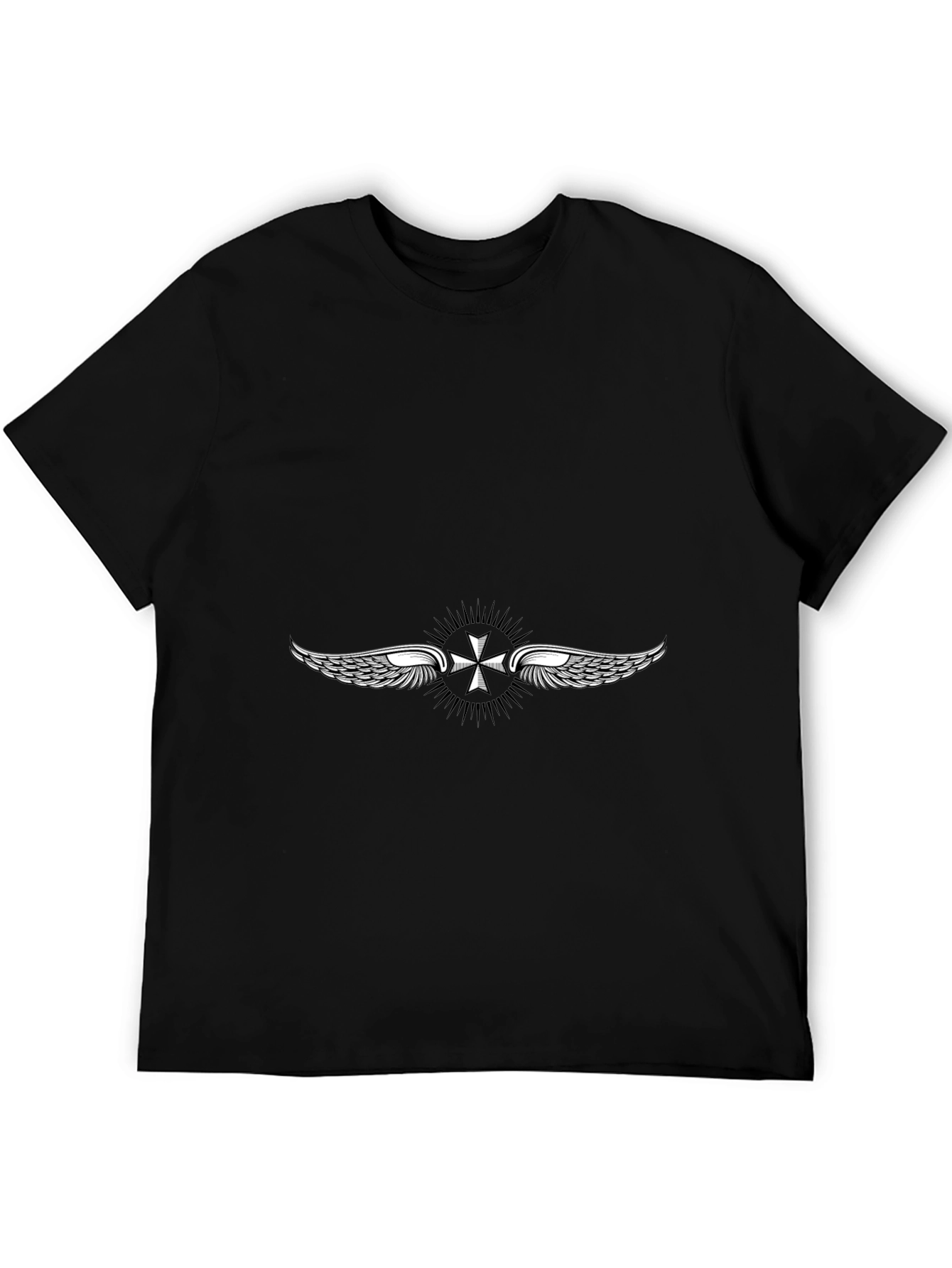 Black T-Shirt with Winged Cross Design