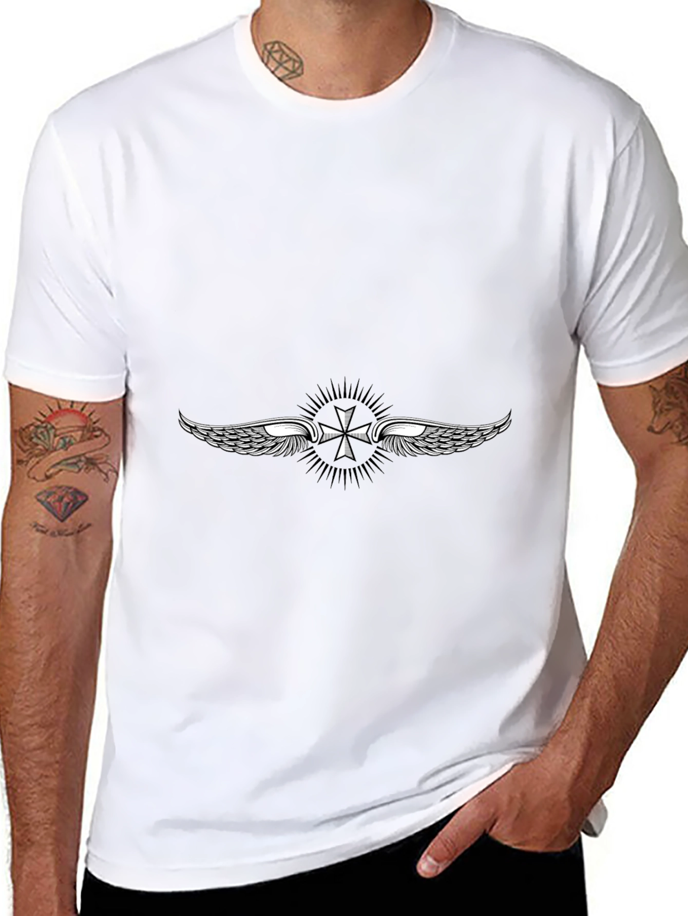 Black T-Shirt with Winged Cross Design