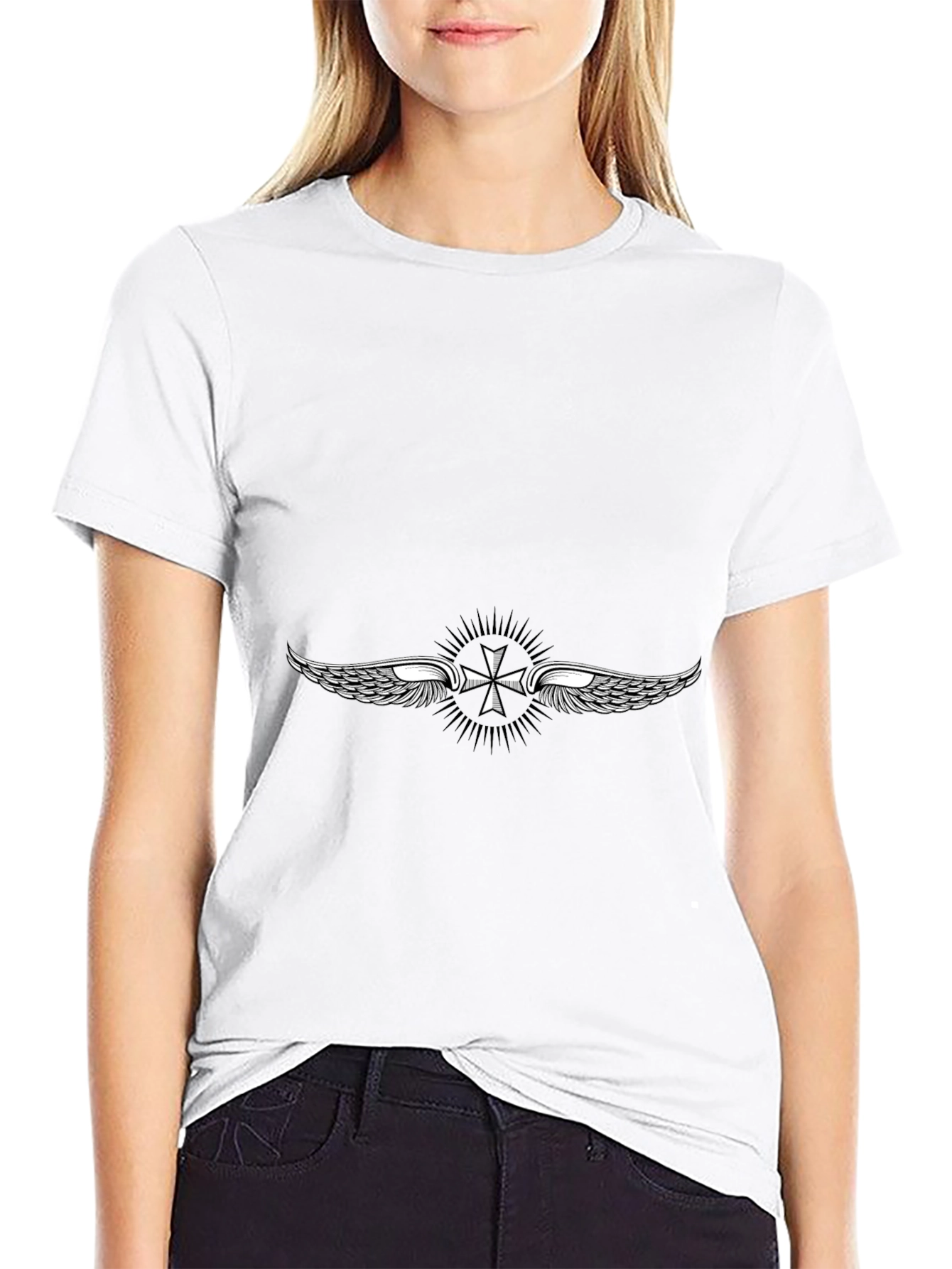 Black T-Shirt with Winged Cross Design