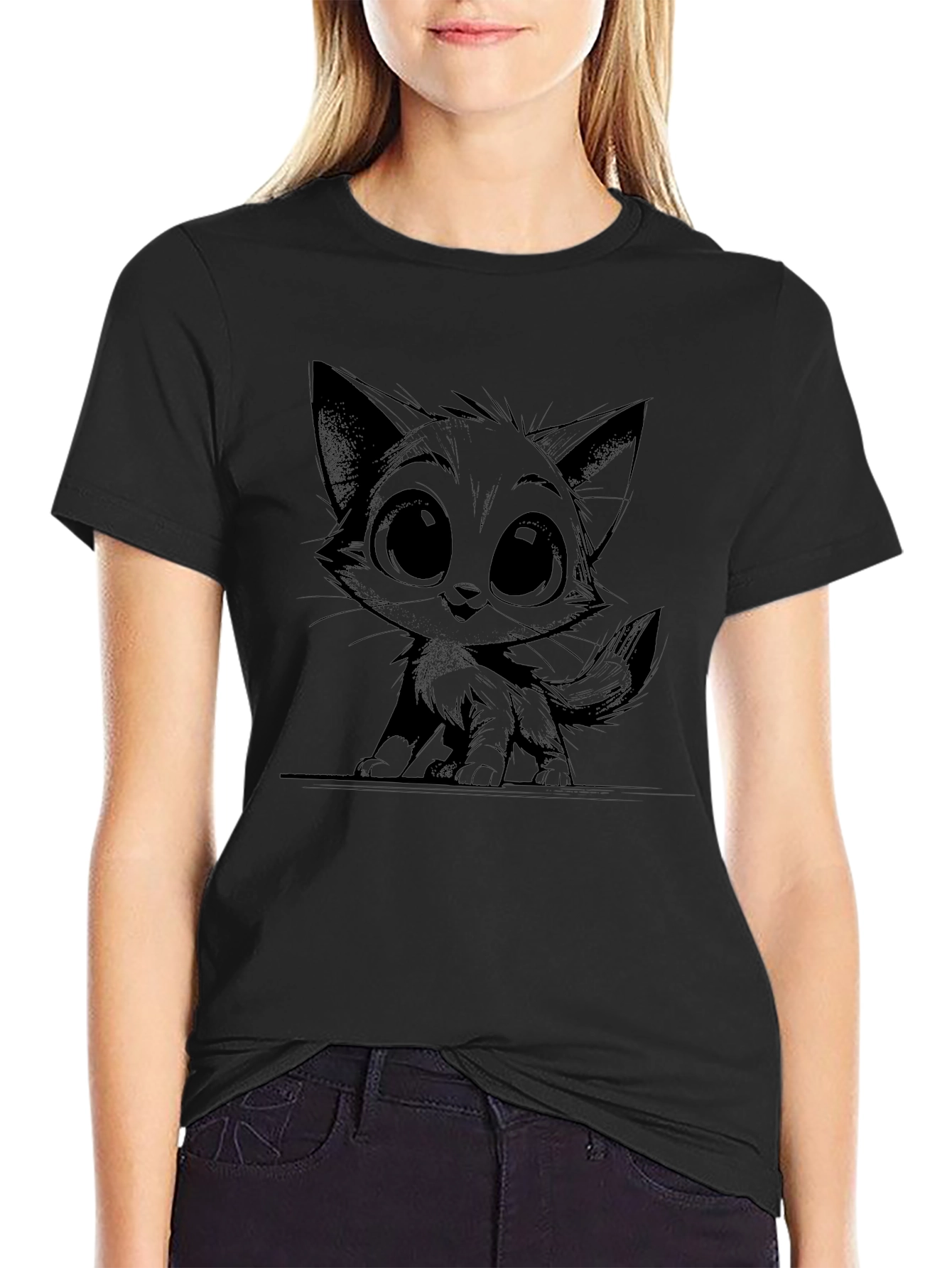 Cute Kitten Graphic Black T-Shirt