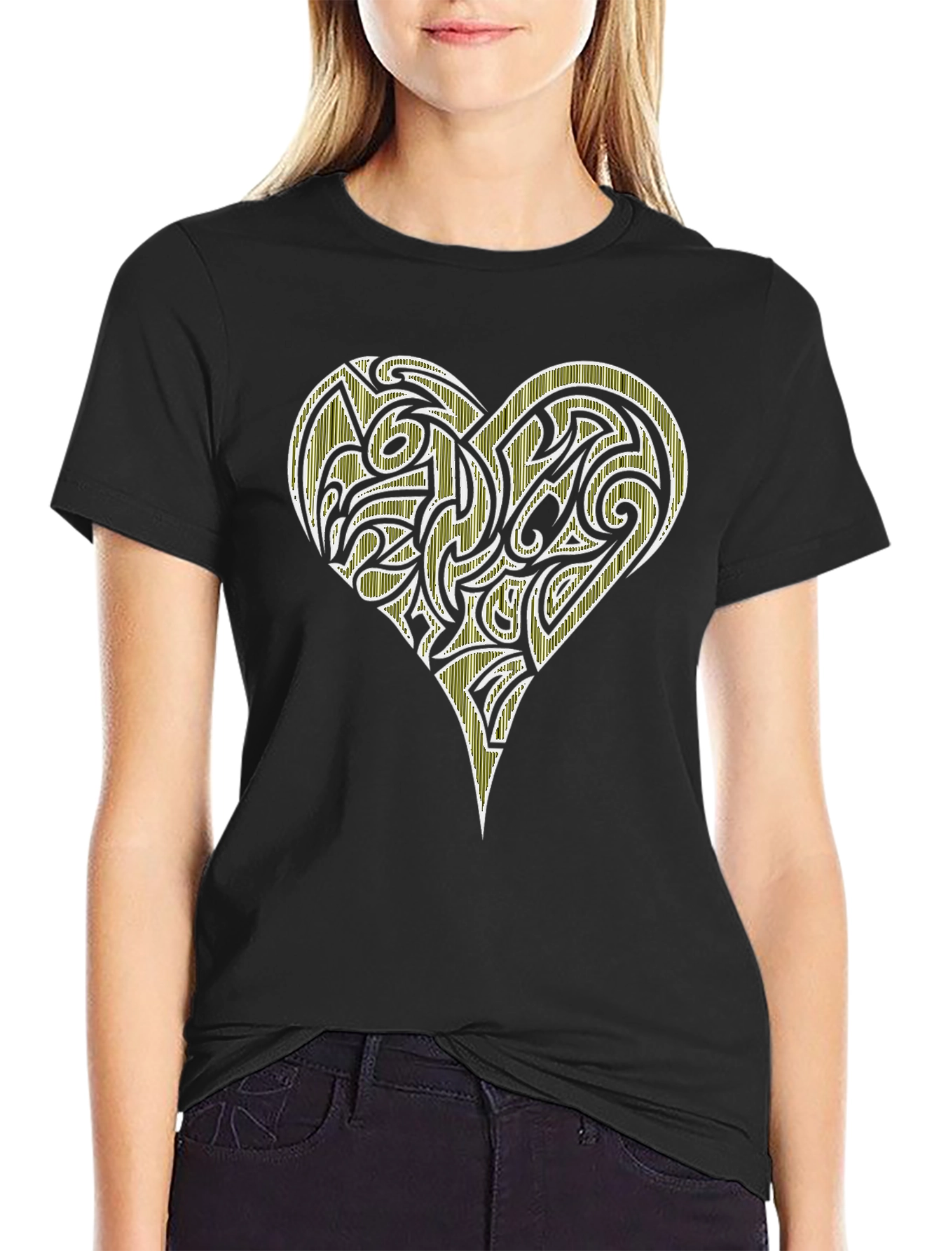 Heart Tribal Design Black T-Shirt