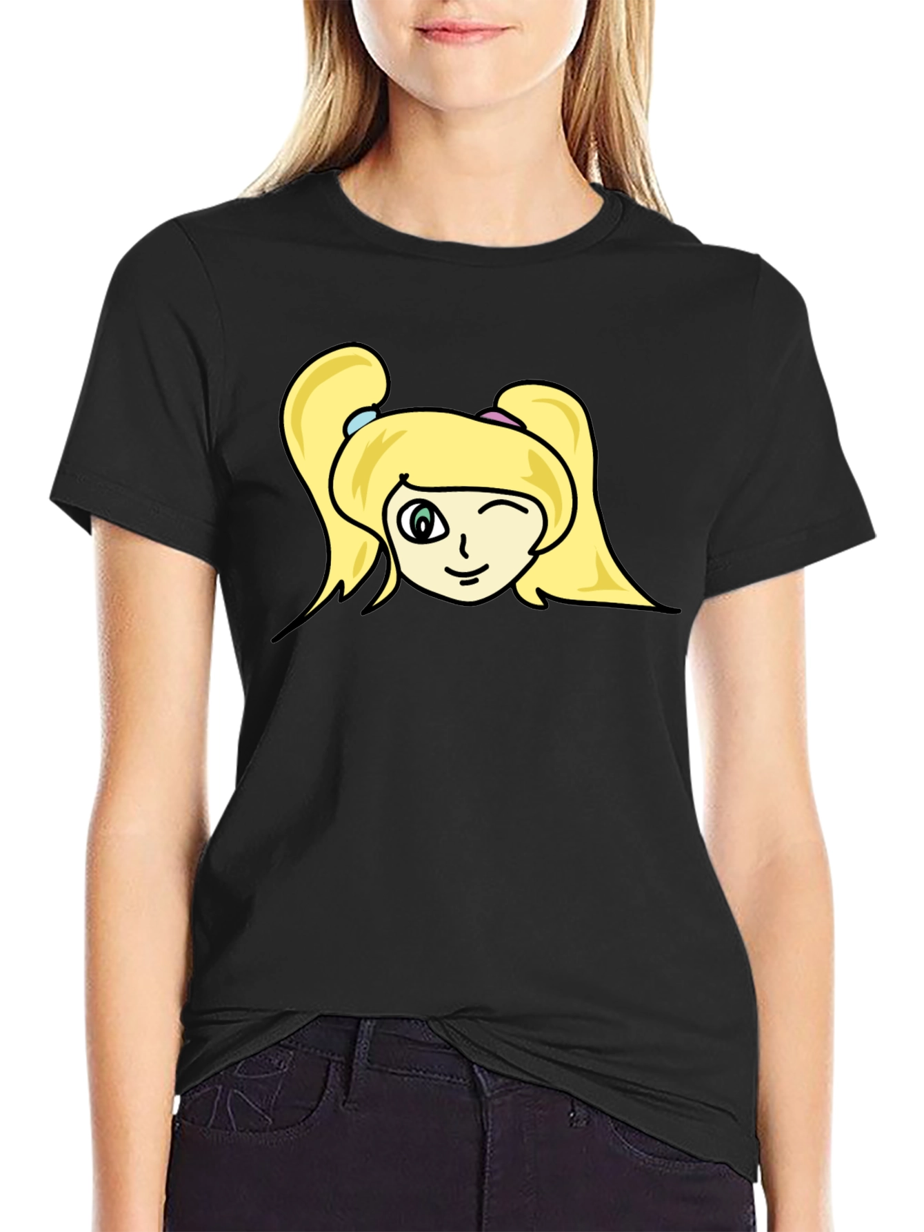 Winking Girl Graphic Black Tee