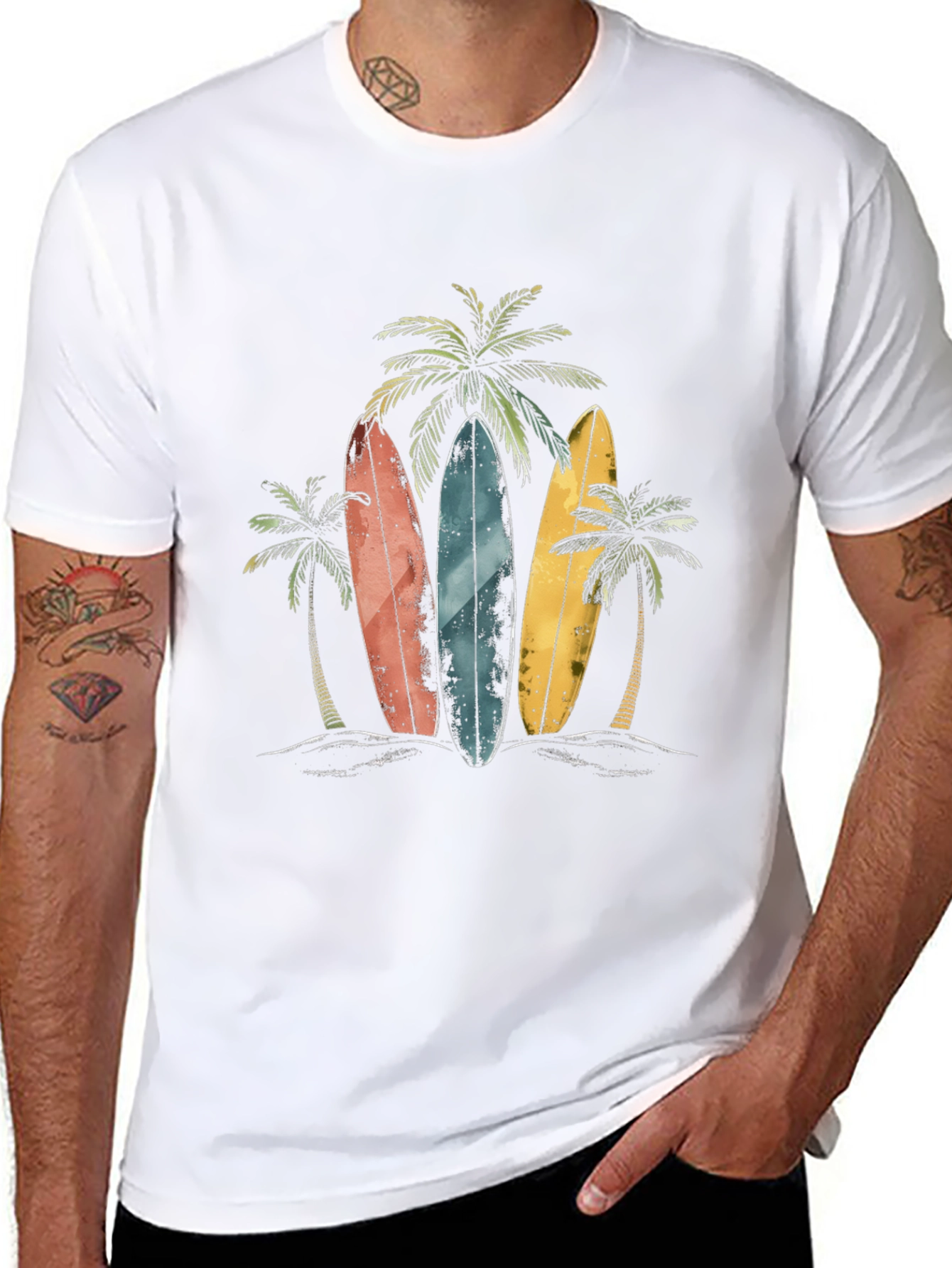 Surfboard Beach T-Shirt with Palm Tree Design