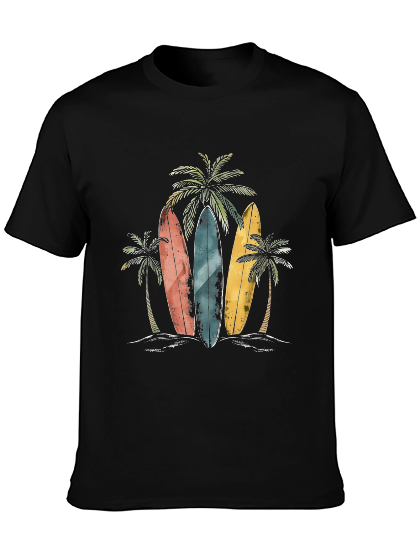 Surfboard Beach T-Shirt with Palm Tree Design
