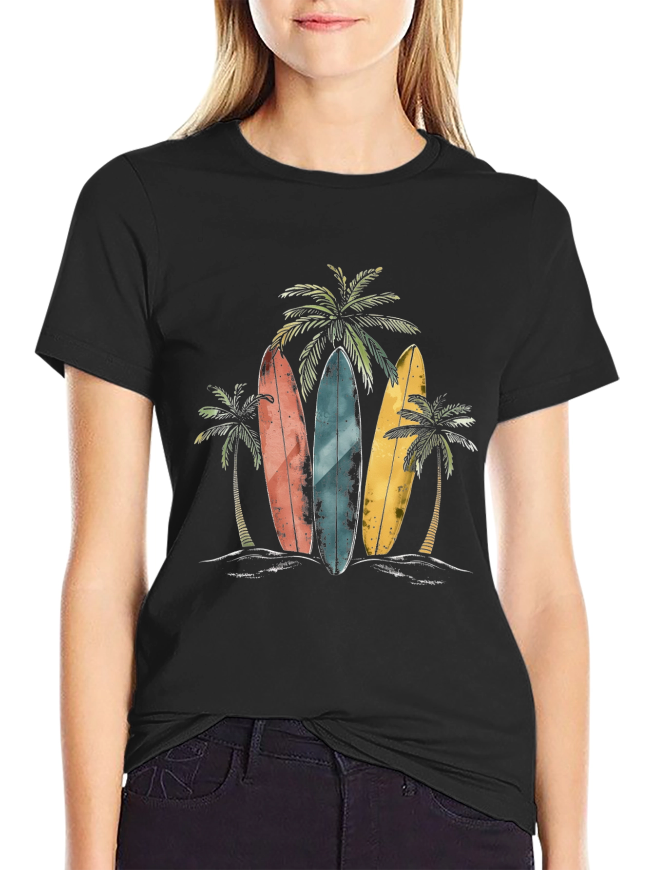 Surfboard Beach T-Shirt with Palm Tree Design