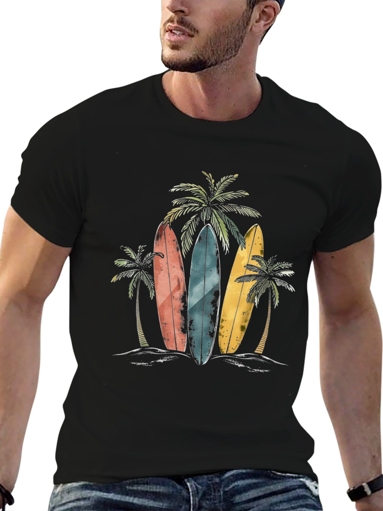 Surfboard Beach T-Shirt with Palm Tree Design