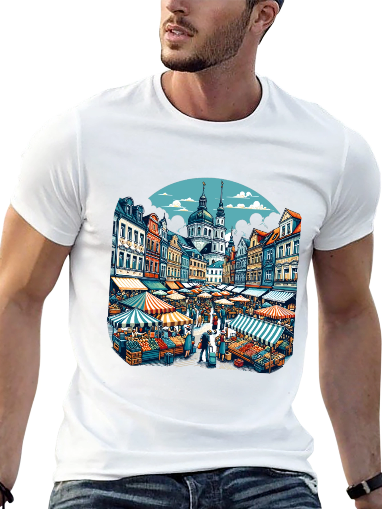 Market Scene Graphic T-Shirt