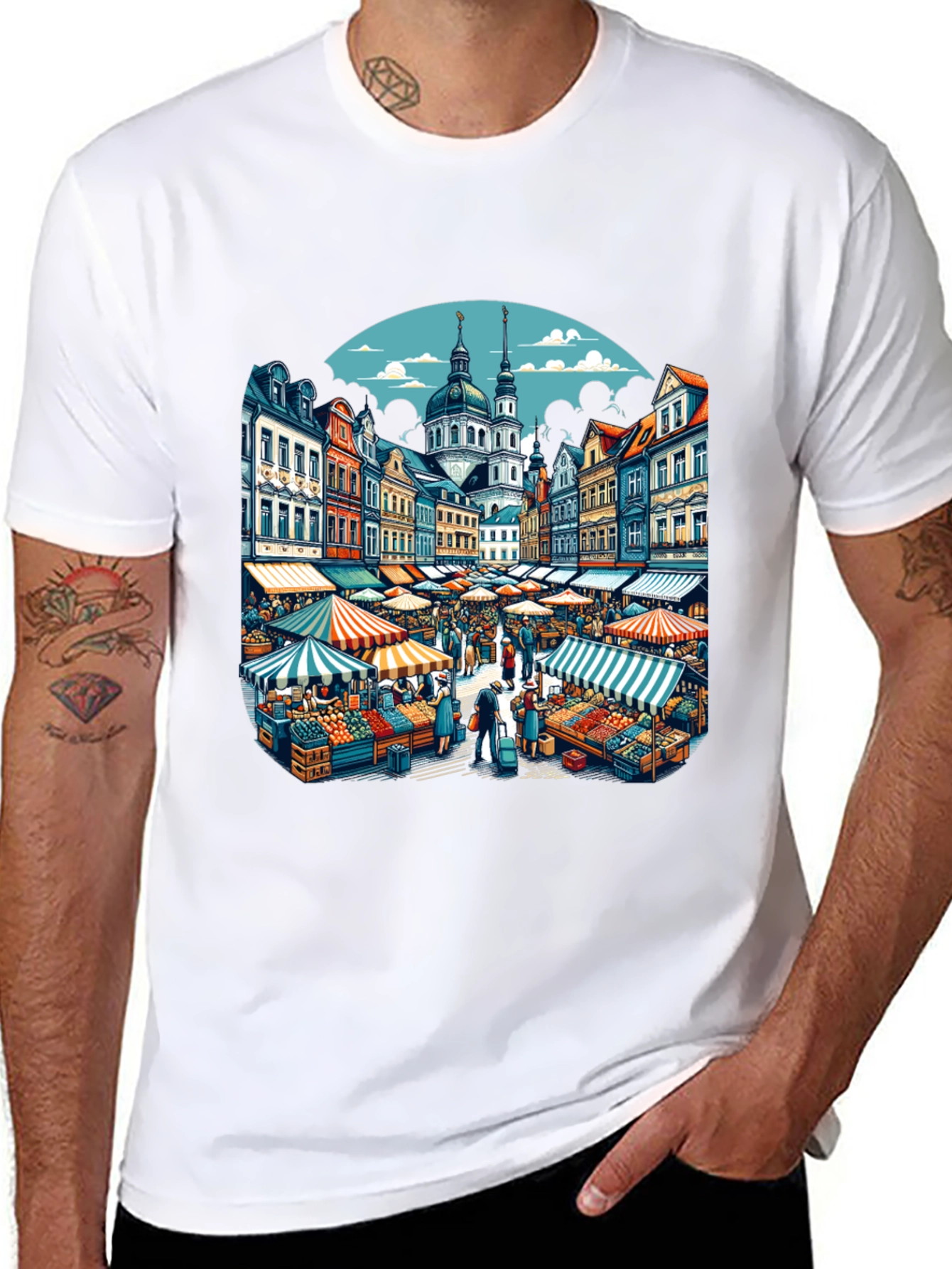 Market Scene Graphic T-Shirt