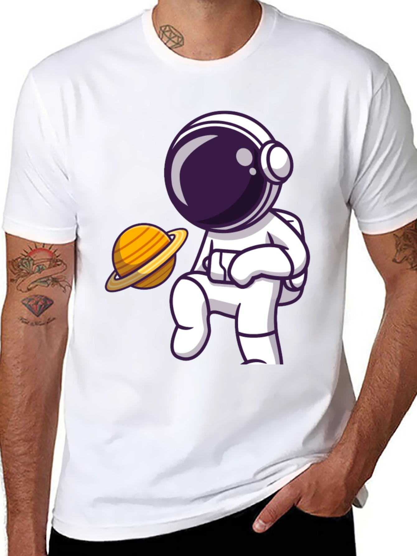 Astronaut & Saturn Graphic Black T-Shirt