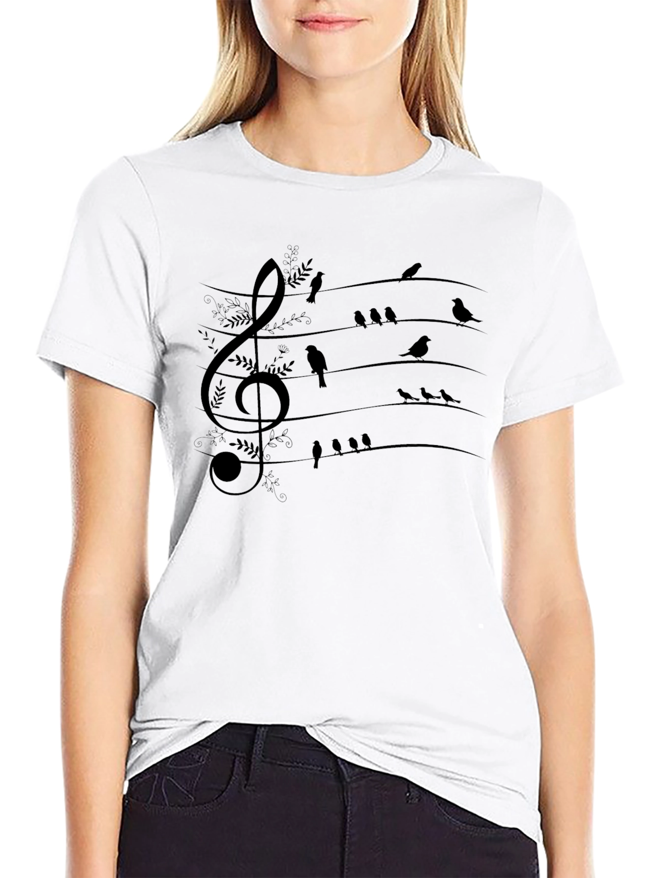 Musical Birds Graphic T-Shirt - Black Cotton Tee