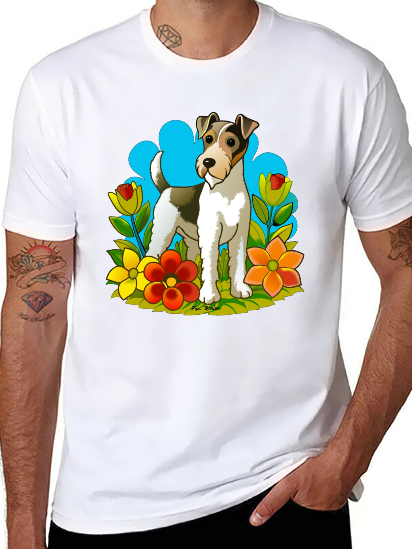 Dog & Flower Graphic Tee - Black Cotton T-Shirt