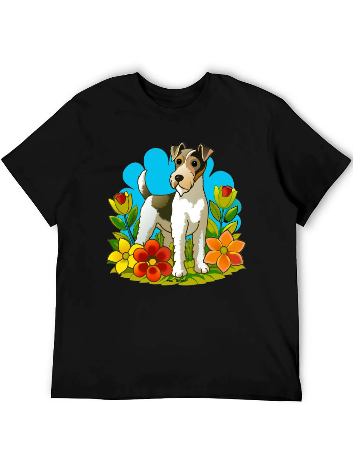 Dog & Flower Graphic Tee - Black Cotton T-Shirt