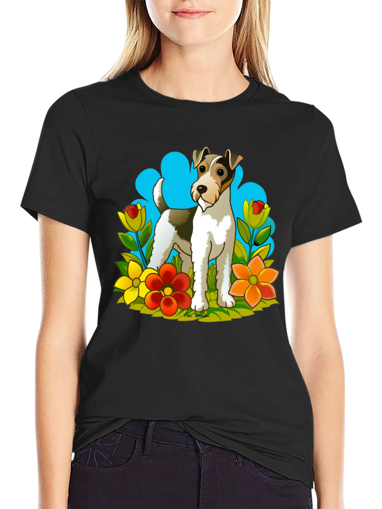 Dog & Flower Graphic Tee - Black Cotton T-Shirt