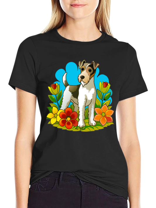 Dog & Flower Graphic Tee - Black Cotton T-Shirt