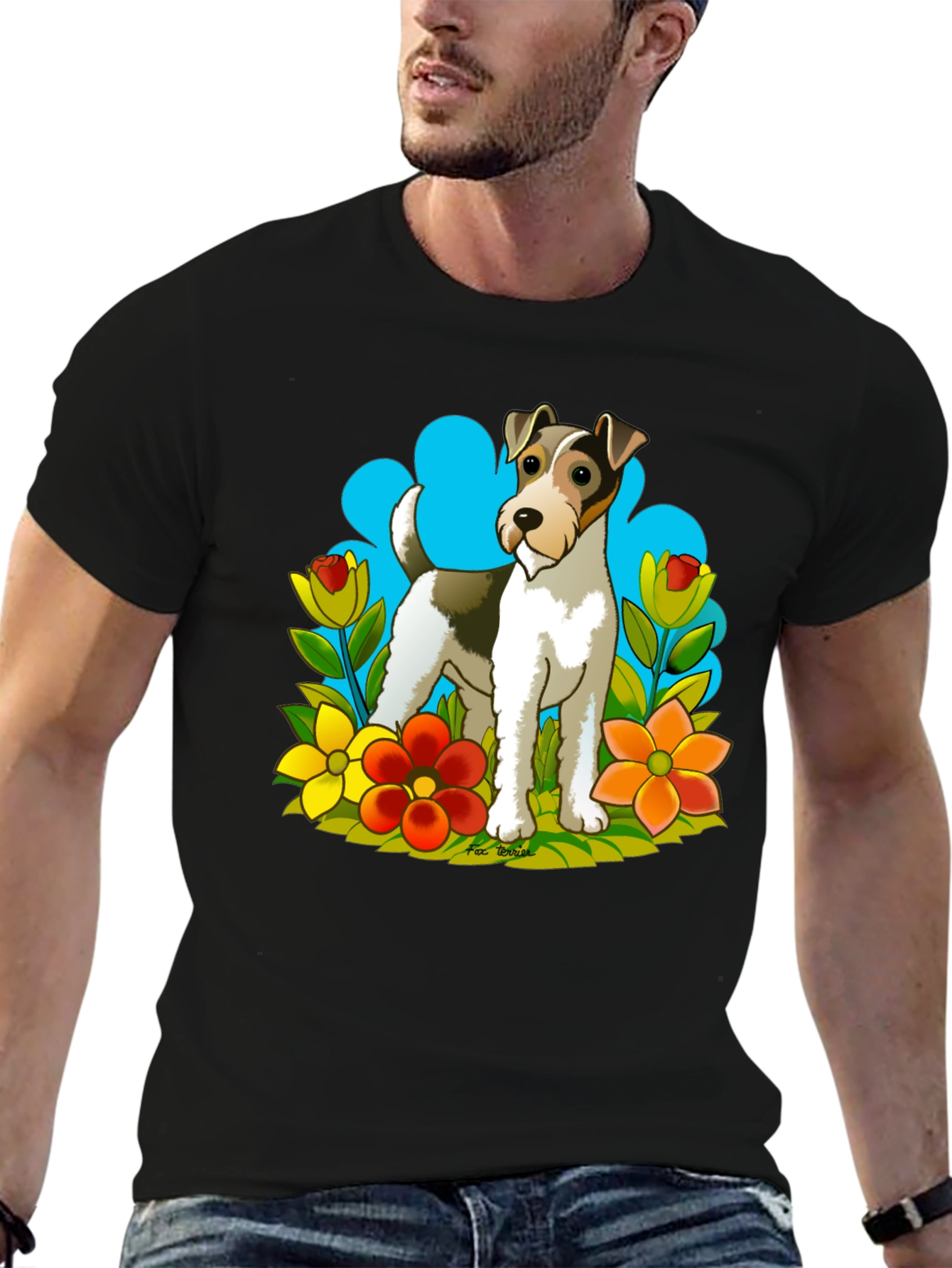 Dog & Flower Graphic Tee - Black Cotton T-Shirt