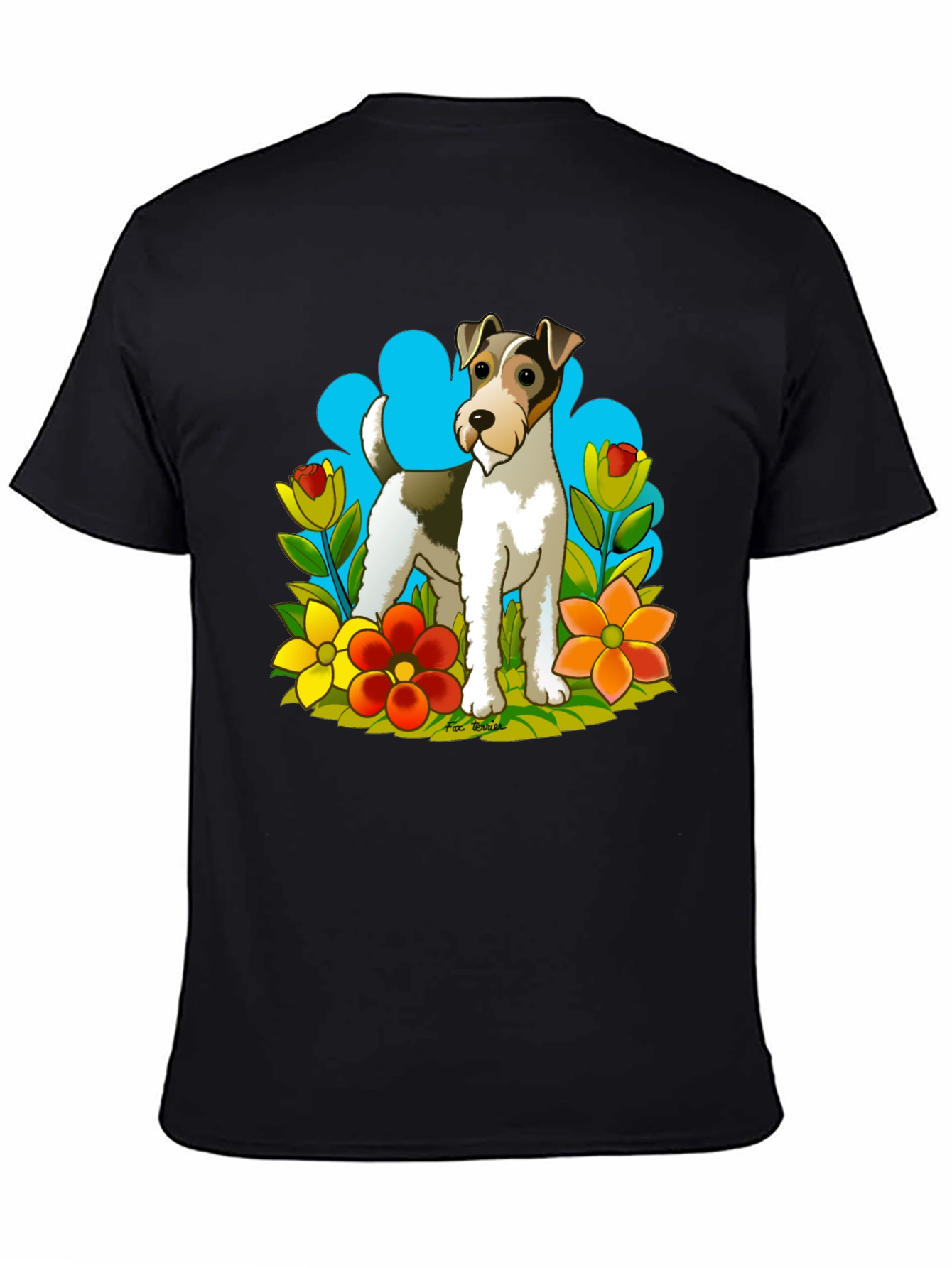 Dog & Flower Graphic Tee - Black Cotton T-Shirt