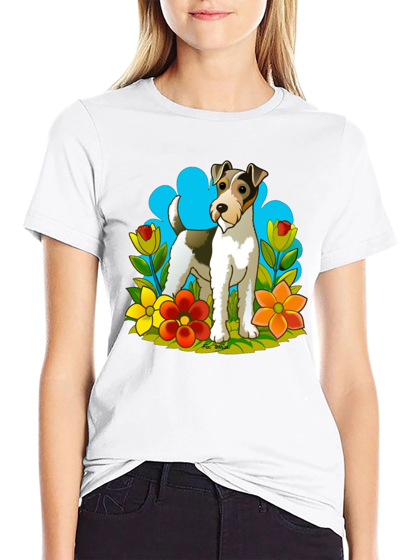 Dog & Flower Graphic Tee - Black Cotton T-Shirt