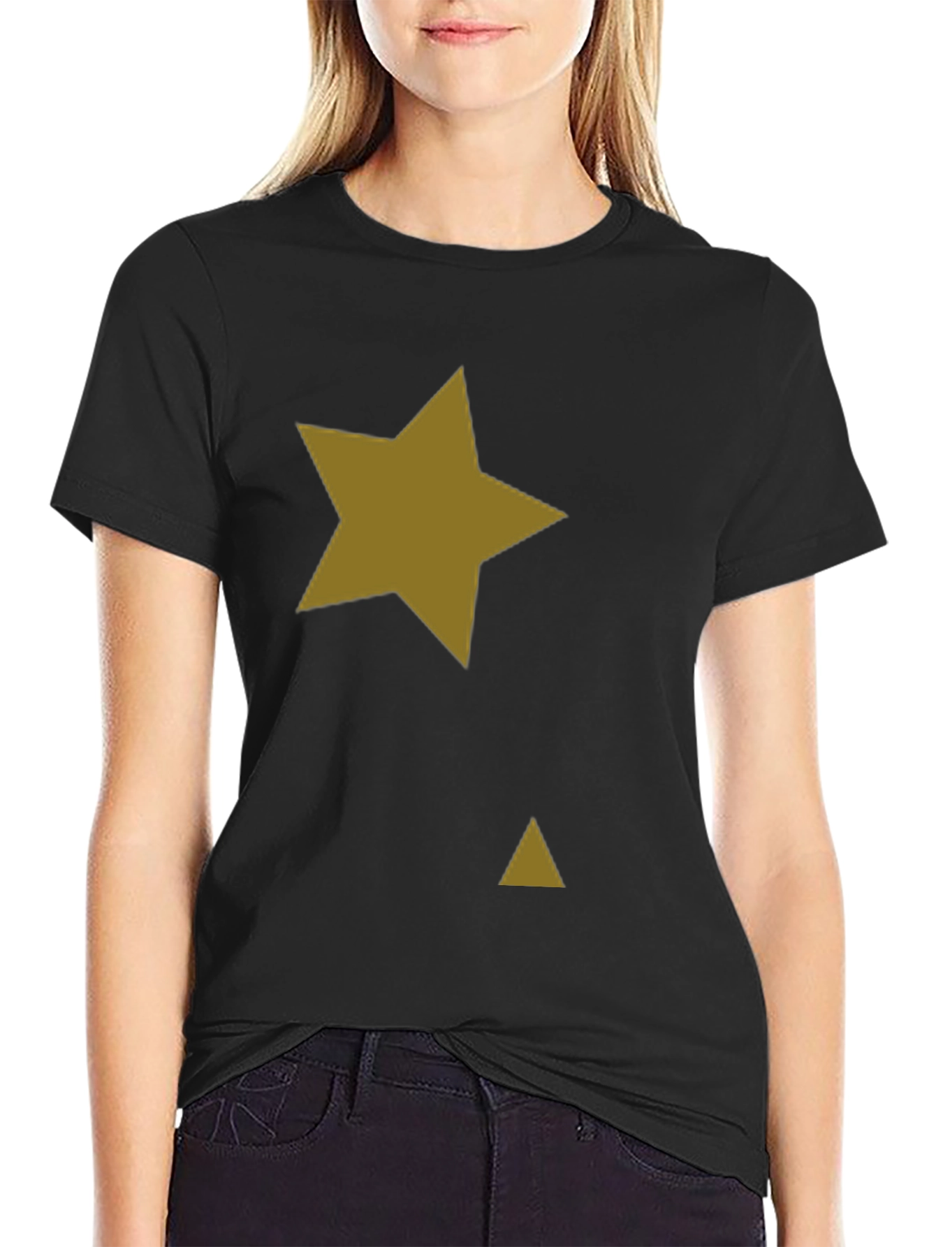 Black Tee with Gold Star & Triangle Graphic Print