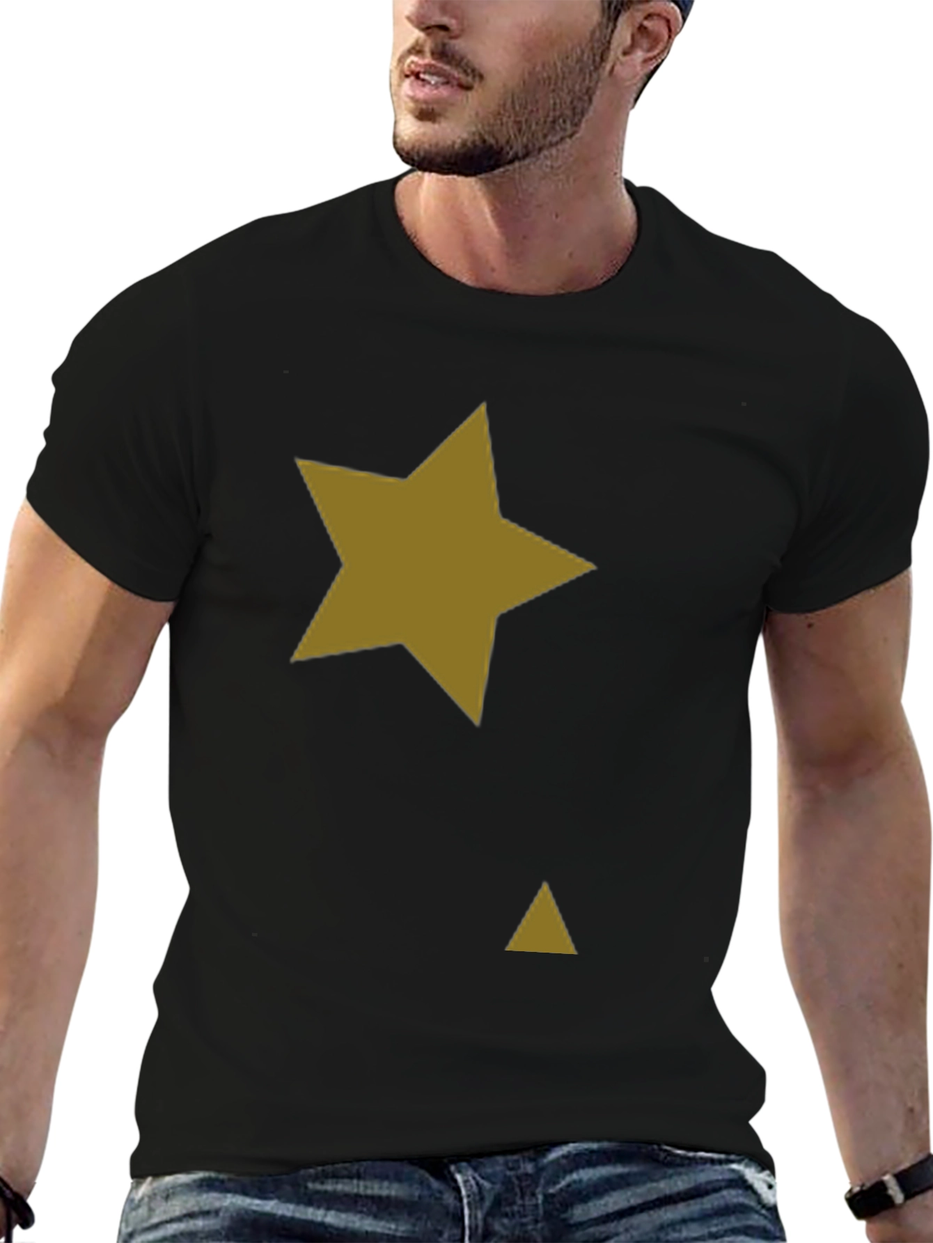 Black Tee with Gold Star & Triangle Graphic Print