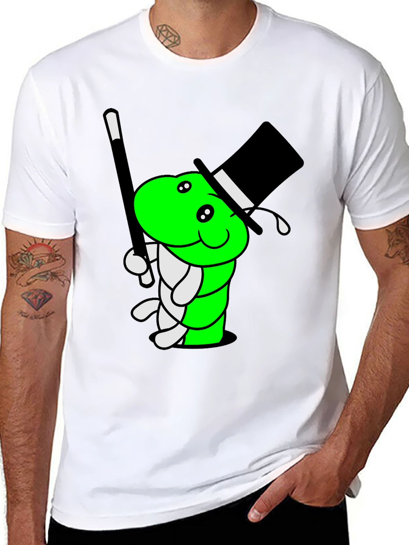 Cartoon Magician Worm Graphic Tee - Black Cotton