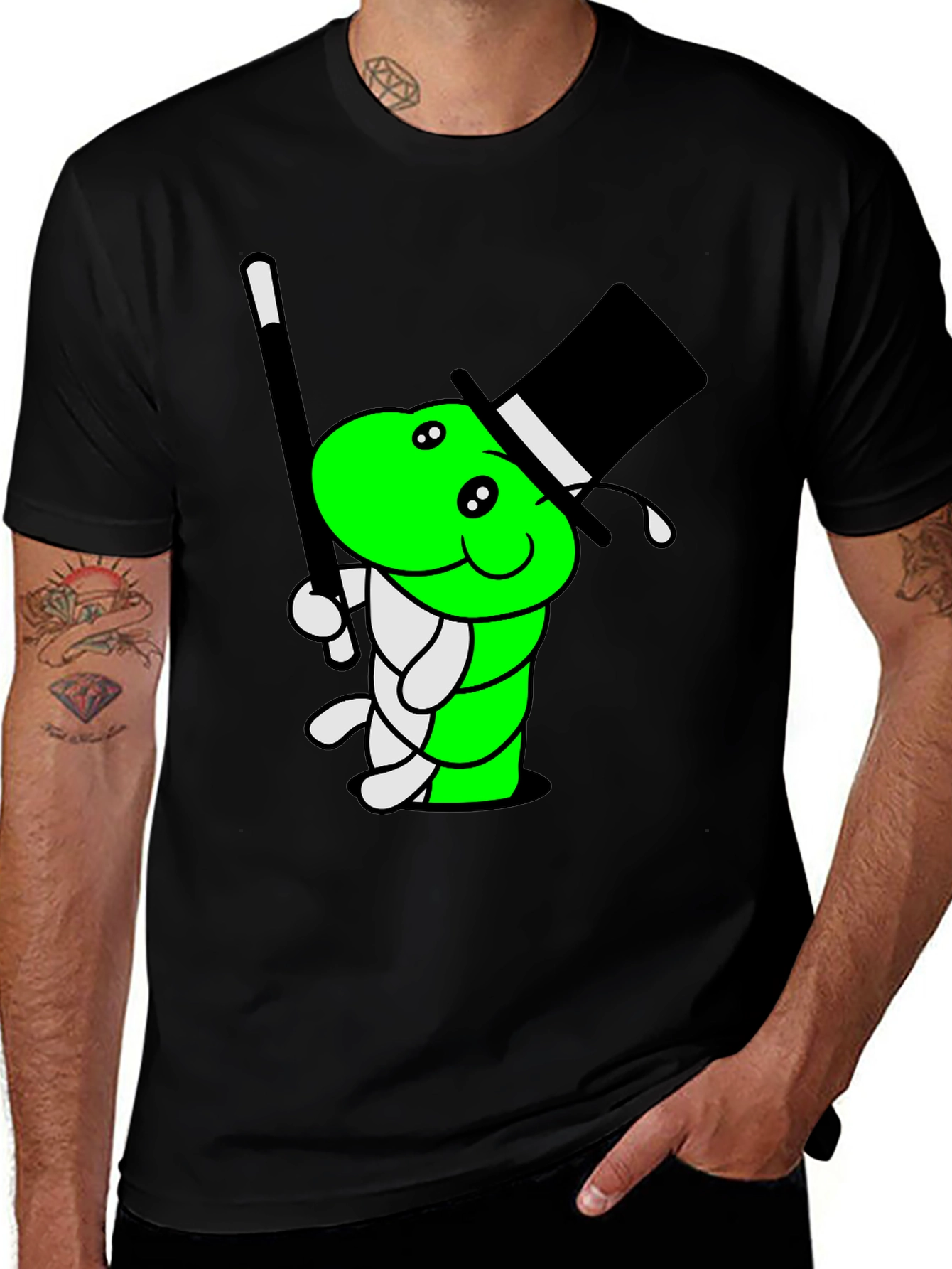 Cartoon Magician Worm Graphic Tee - Black Cotton