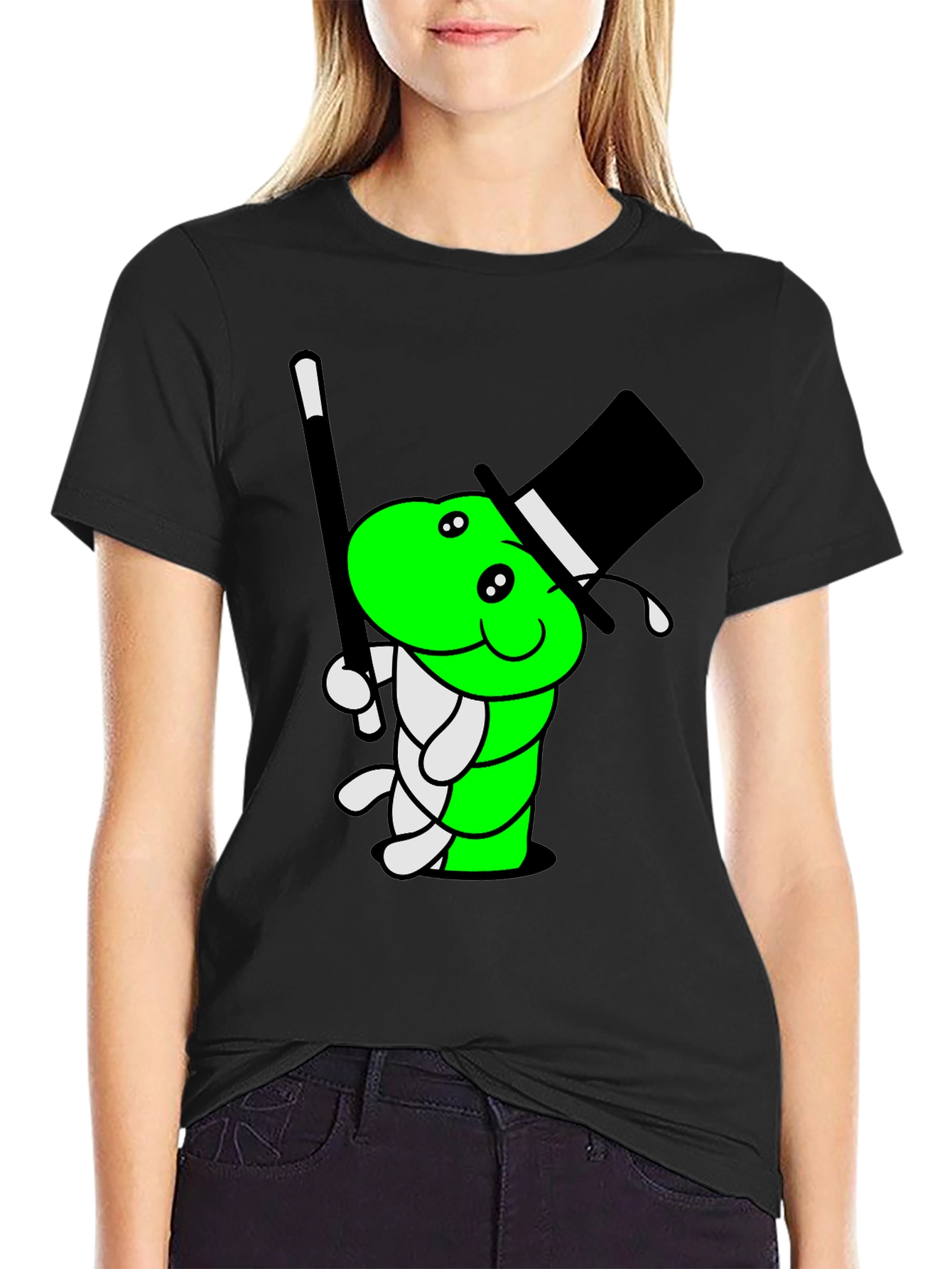 Cartoon Magician Worm Graphic Tee - Black Cotton