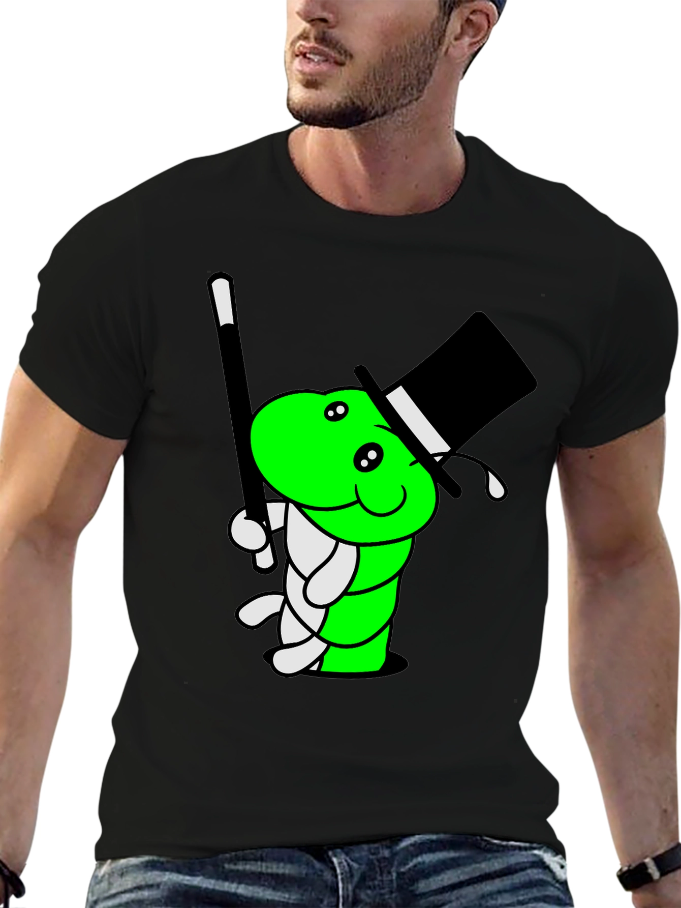 Cartoon Magician Worm Graphic Tee - Black Cotton