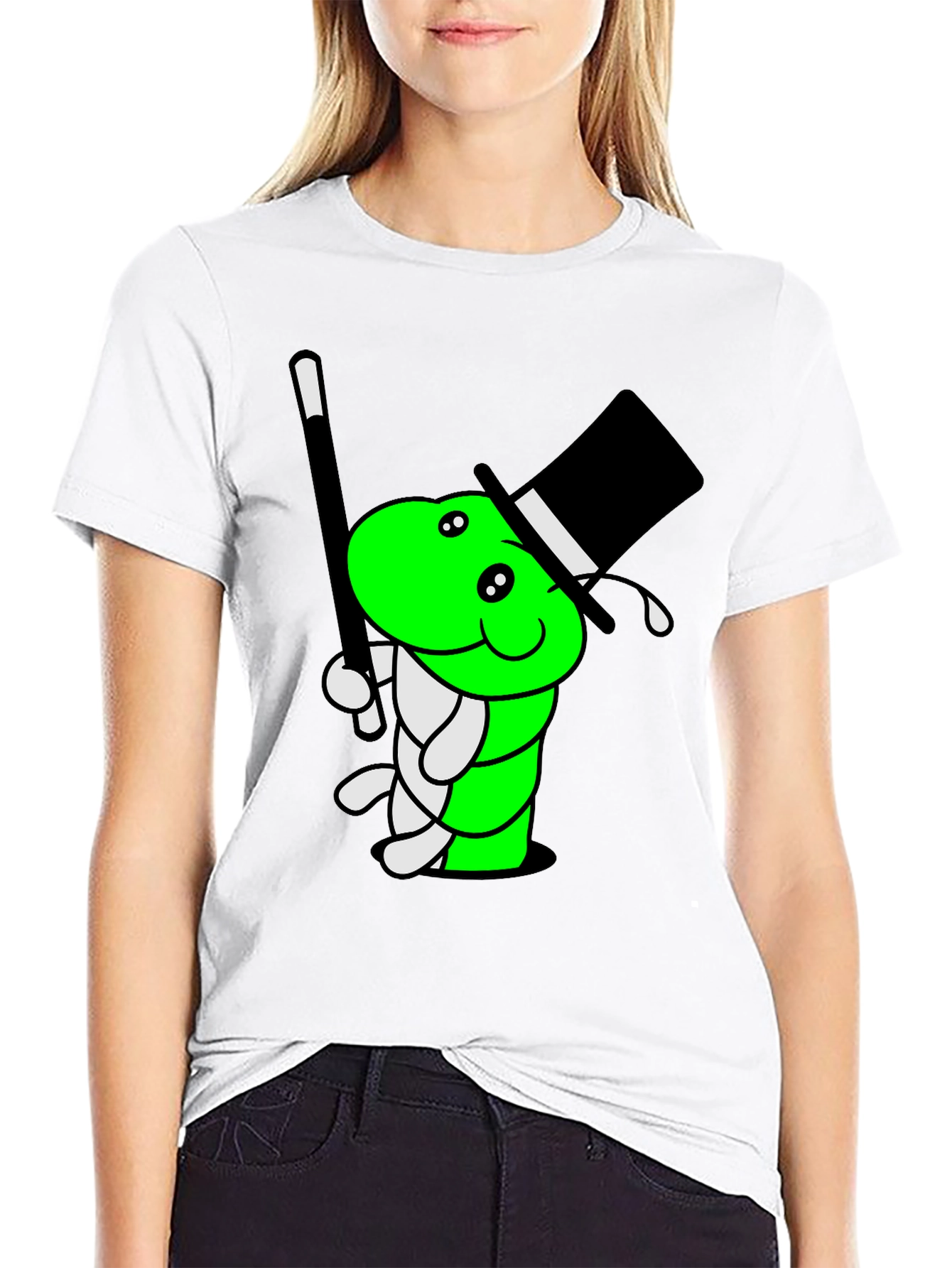 Cartoon Magician Worm Graphic Tee - Black Cotton