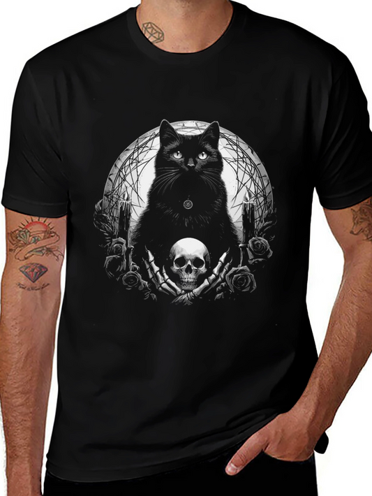 Gothic Cat & Skull Graphic Tee - Mens Black T-Shirt