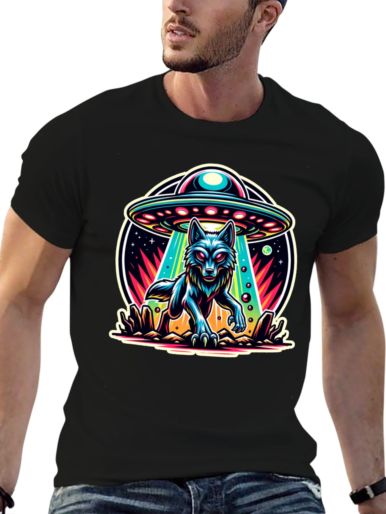 Wolf Abduction T-Shirt - Alien UFO Design
