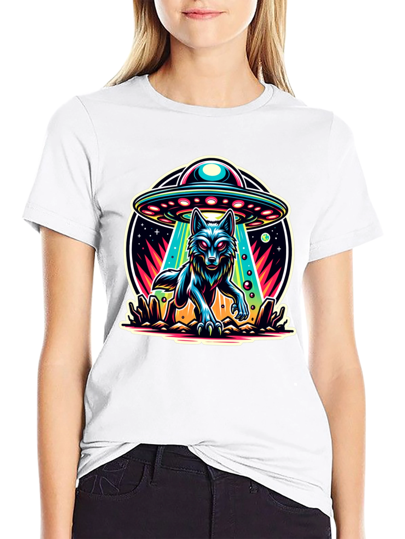 Wolf Abduction T-Shirt - Alien UFO Design