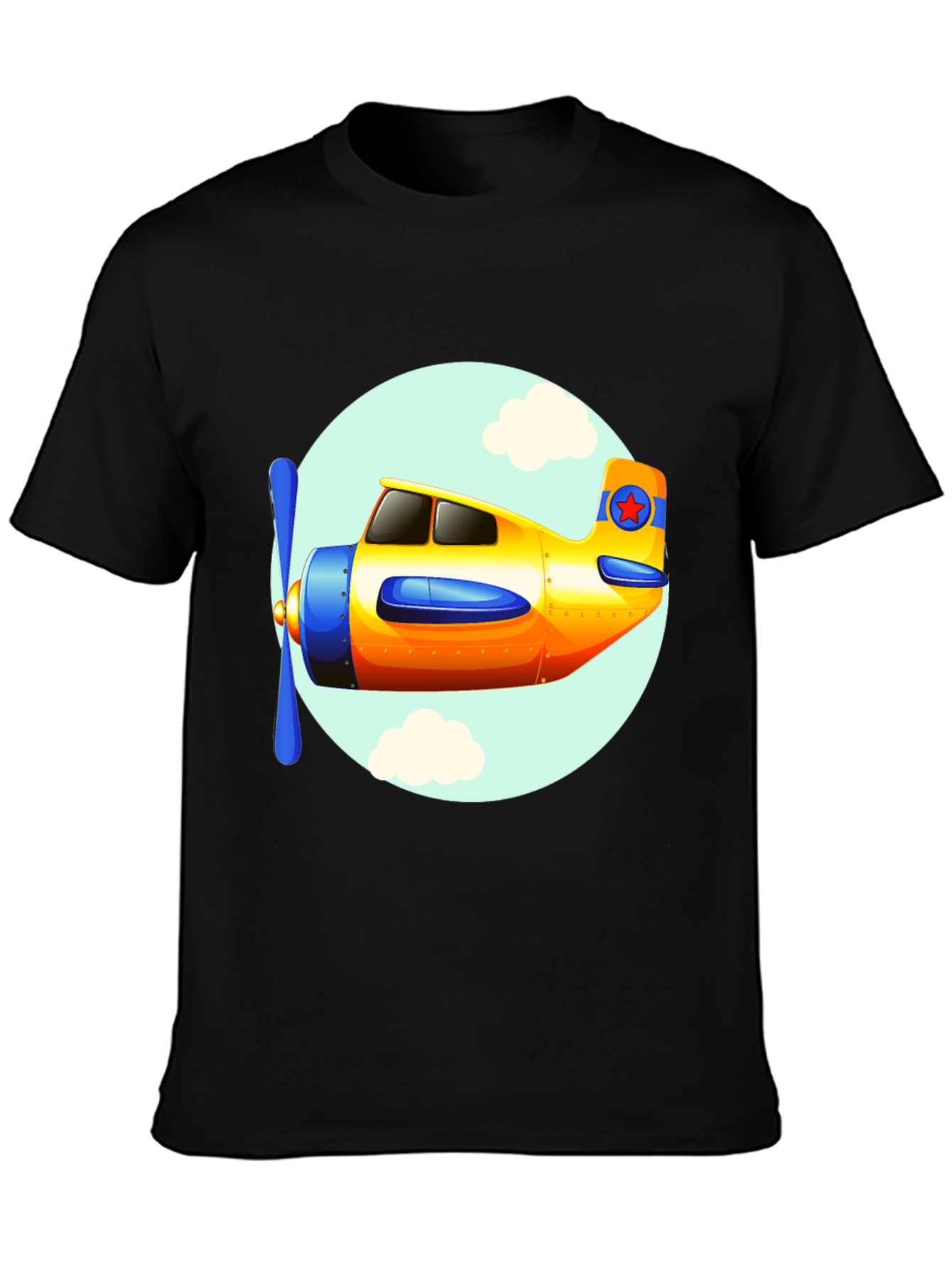 Cartoon Airplane Graphic Tee - Black Cotton T-Shirt