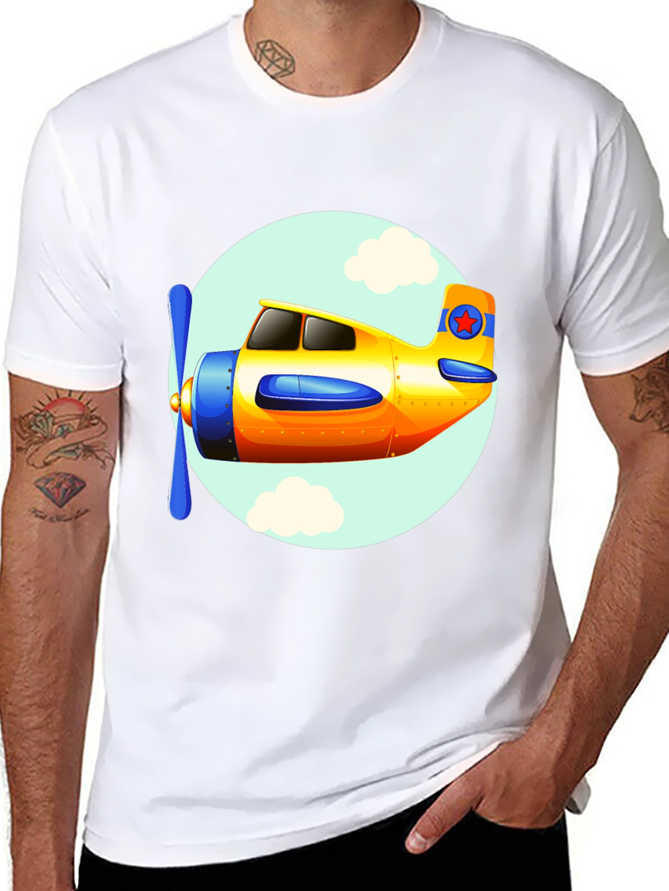 Cartoon Airplane Graphic Tee - Black Cotton T-Shirt