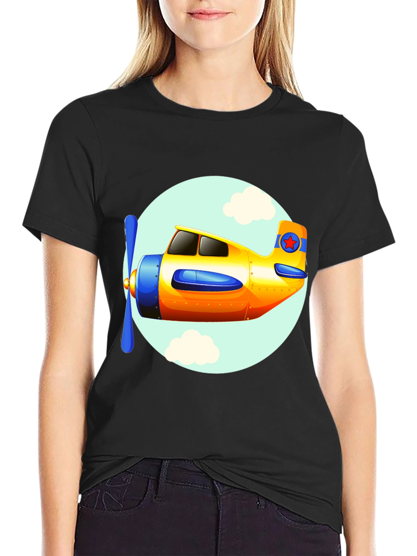 Cartoon Airplane Graphic Tee - Black Cotton T-Shirt