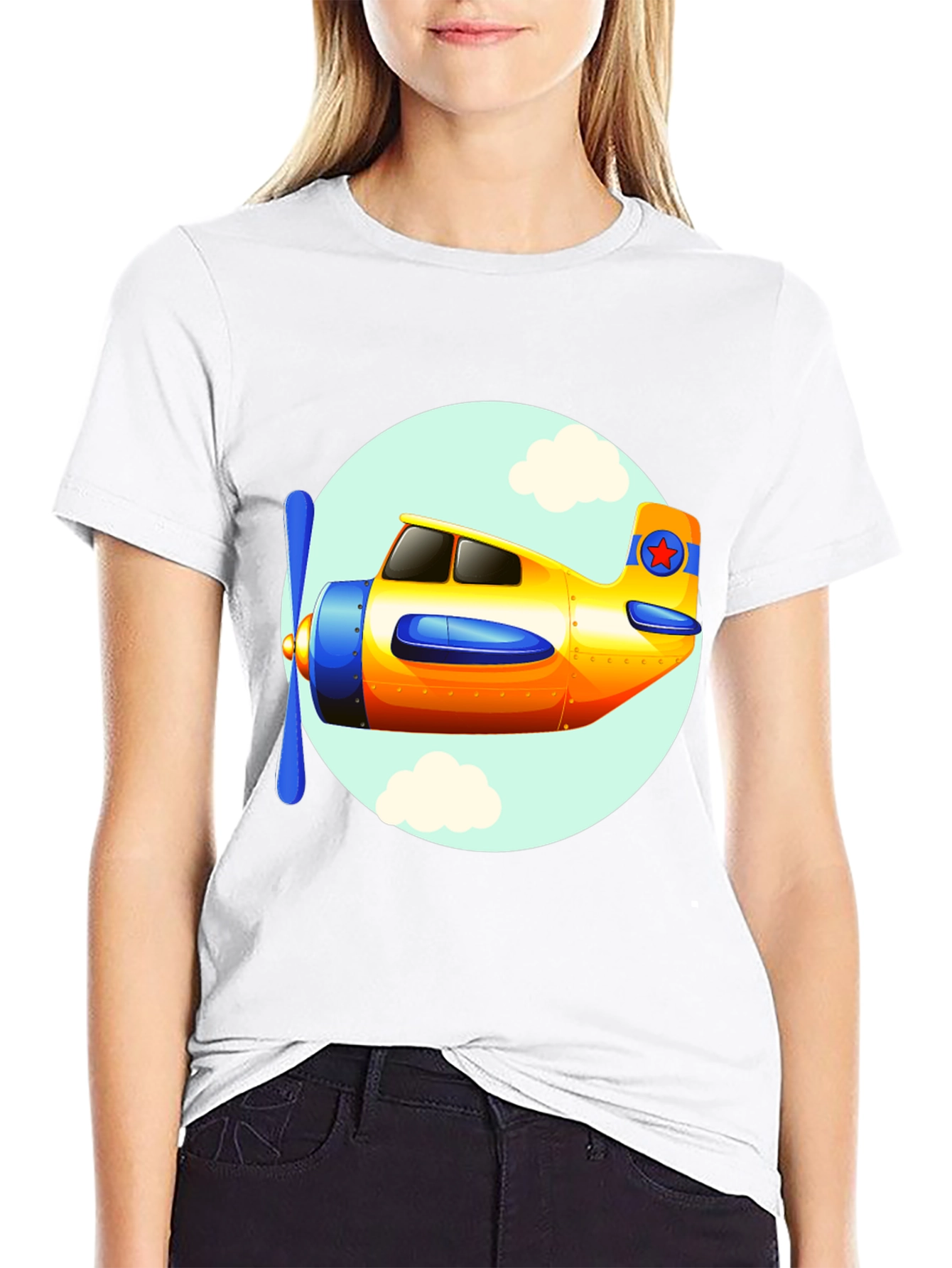 Cartoon Airplane Graphic Tee - Black Cotton T-Shirt