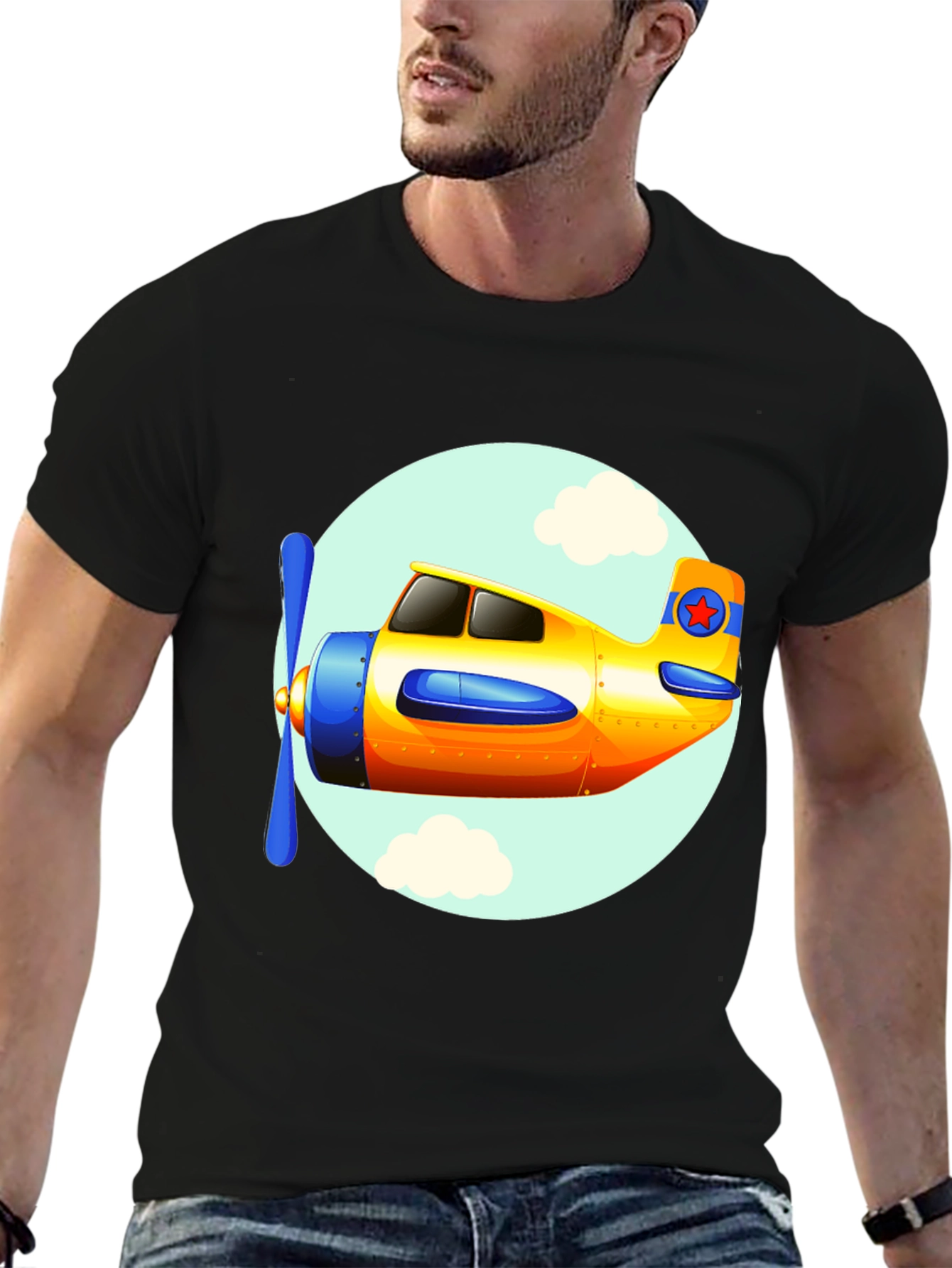 Cartoon Airplane Graphic Tee - Black Cotton T-Shirt