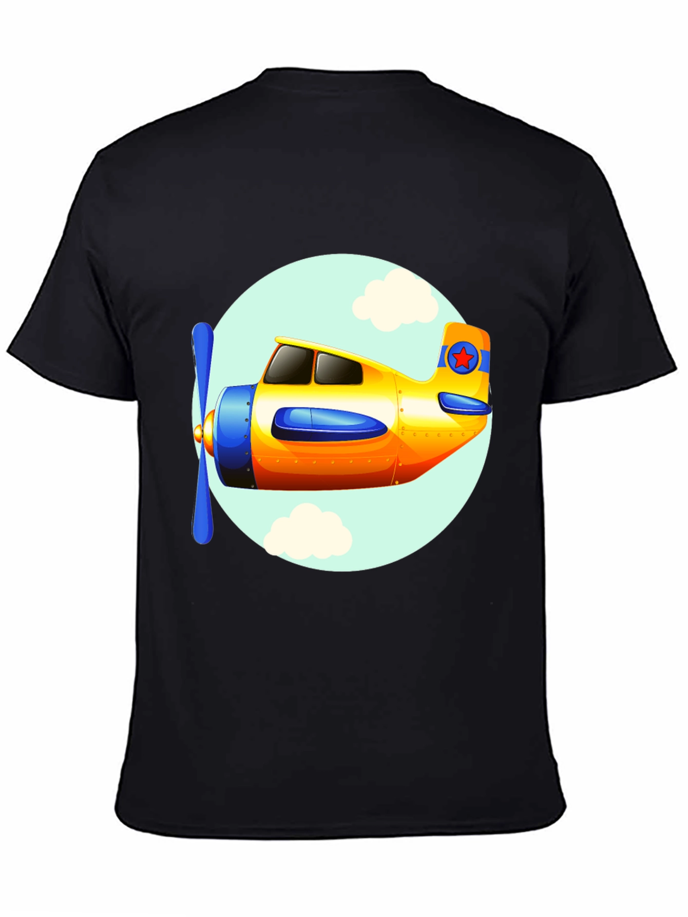 Cartoon Airplane Graphic Tee - Black Cotton T-Shirt