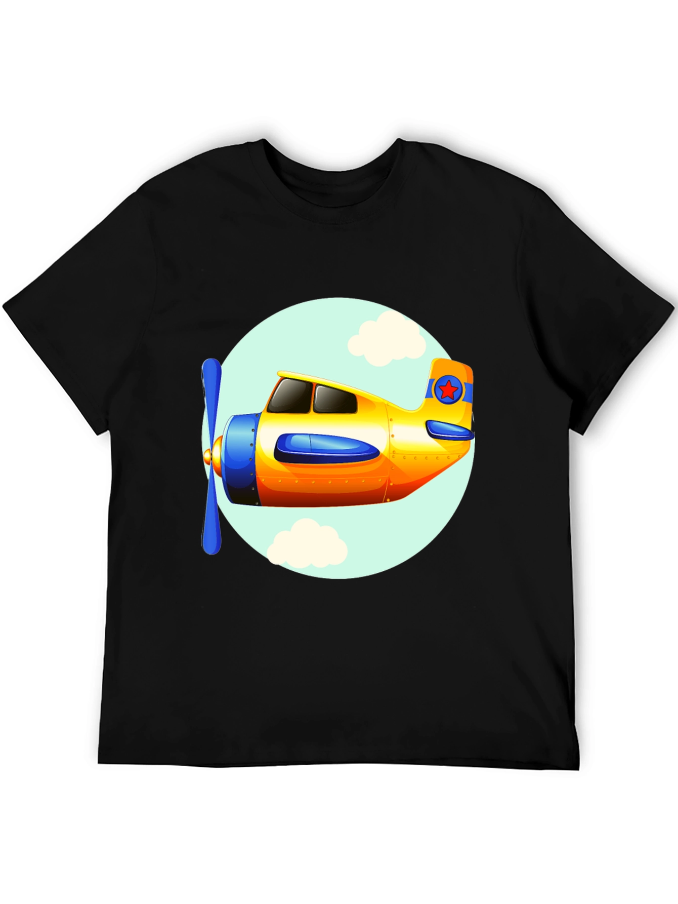 Cartoon Airplane Graphic Tee - Black Cotton T-Shirt