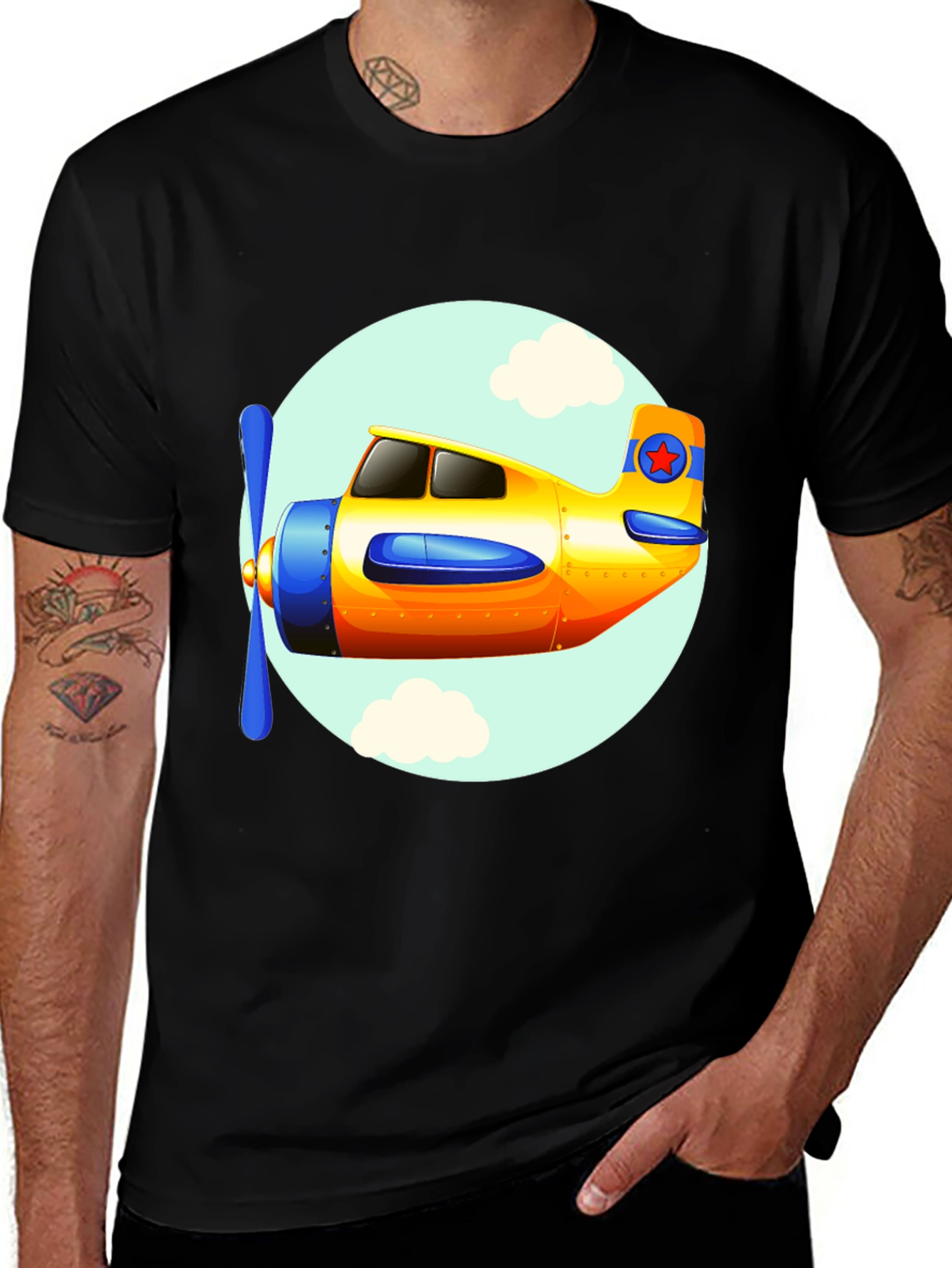 Cartoon Airplane Graphic Tee - Black Cotton T-Shirt